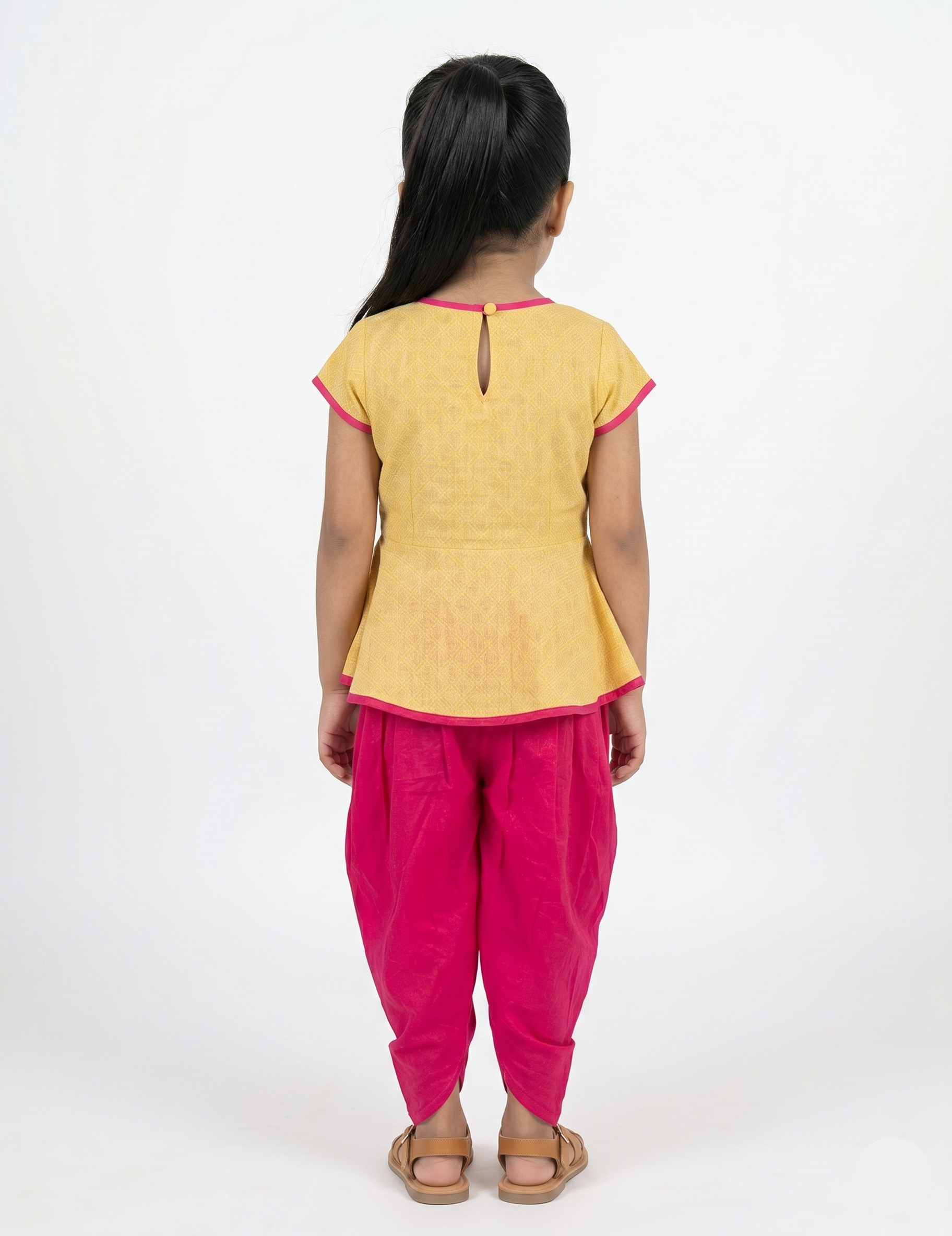 Girls' Yellow Textured Peplum Top and Pink Dhoti Pant Set
