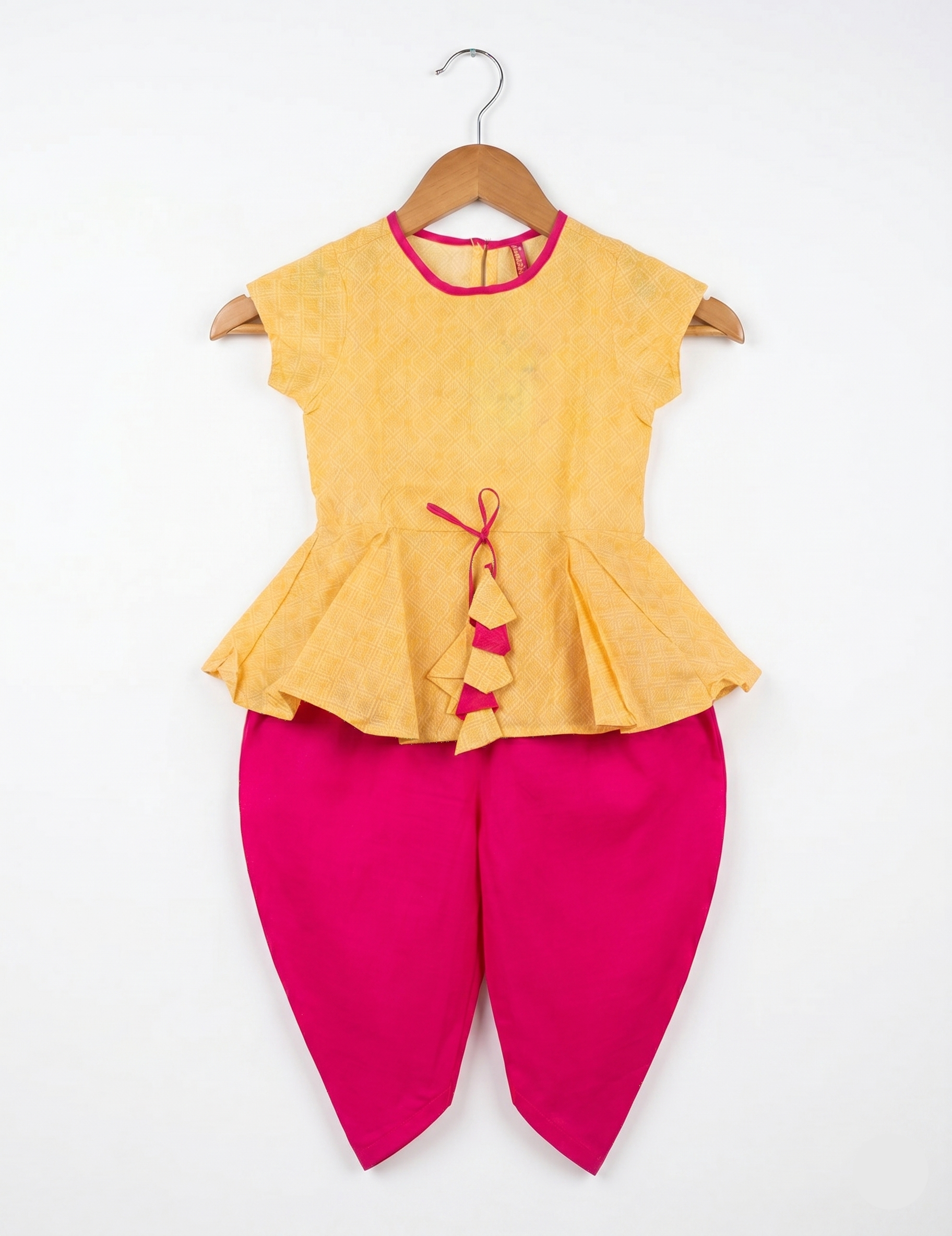 Girls' Yellow Textured Peplum Top and Pink Dhoti Pant Set