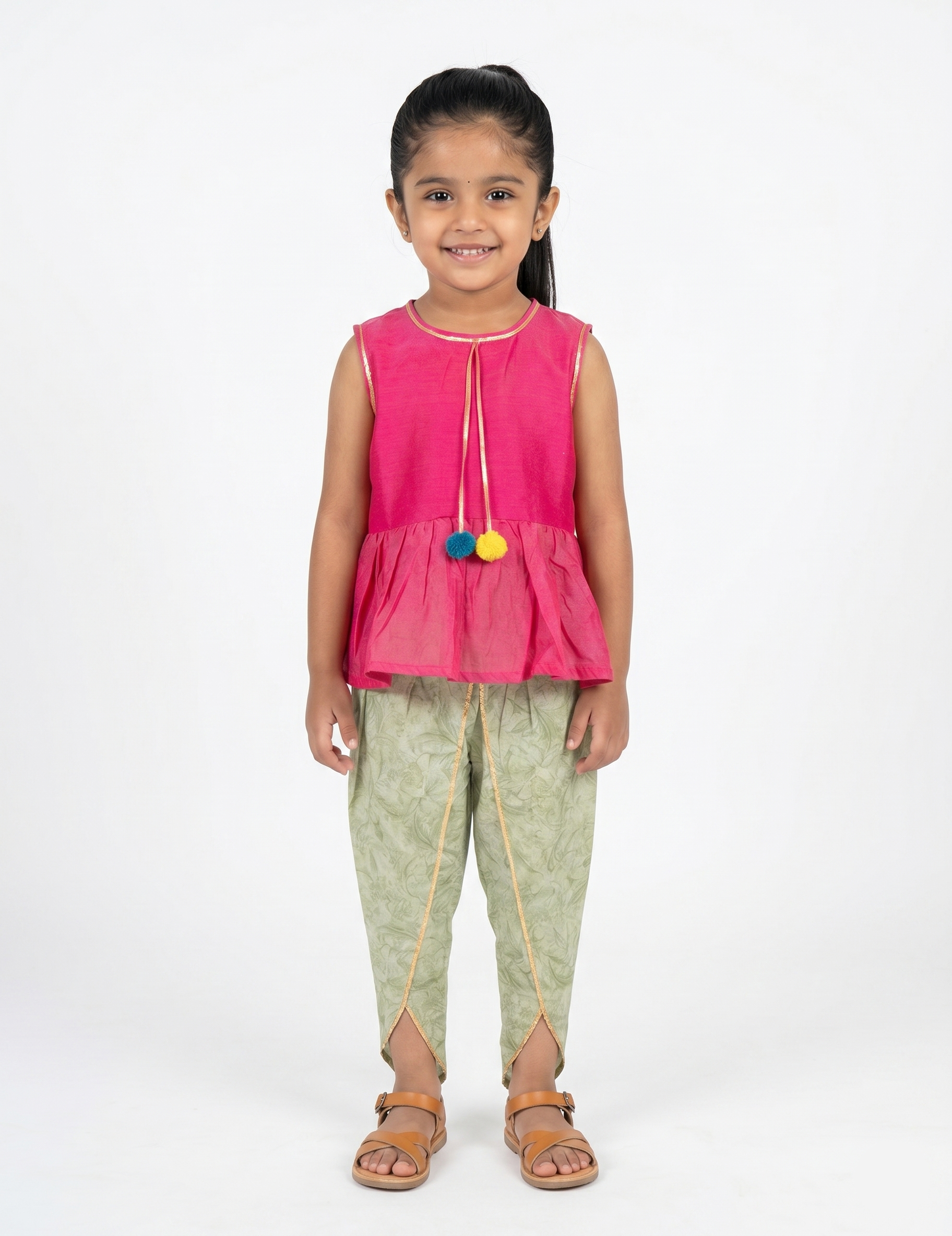 Girls' Fuchsia Pink Peplum Top and Olive Green Floral Dhoti Pant Set