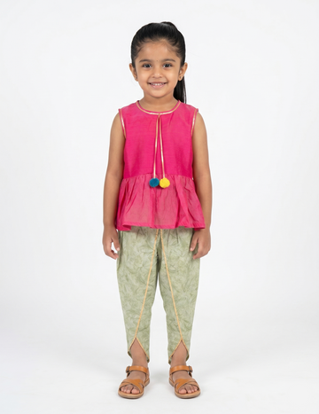 Girls' Fuchsia Pink Peplum Top and Olive Green Floral Dhoti Pant Set