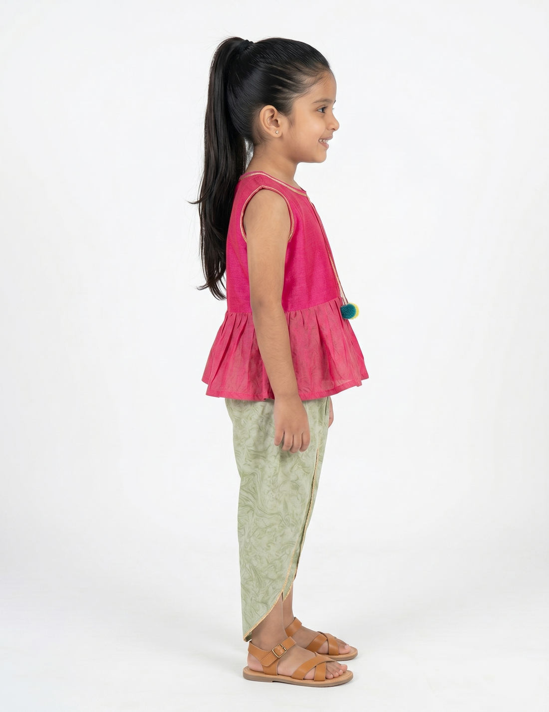 Girls' Fuchsia Pink Peplum Top and Olive Green Floral Dhoti Pant Set