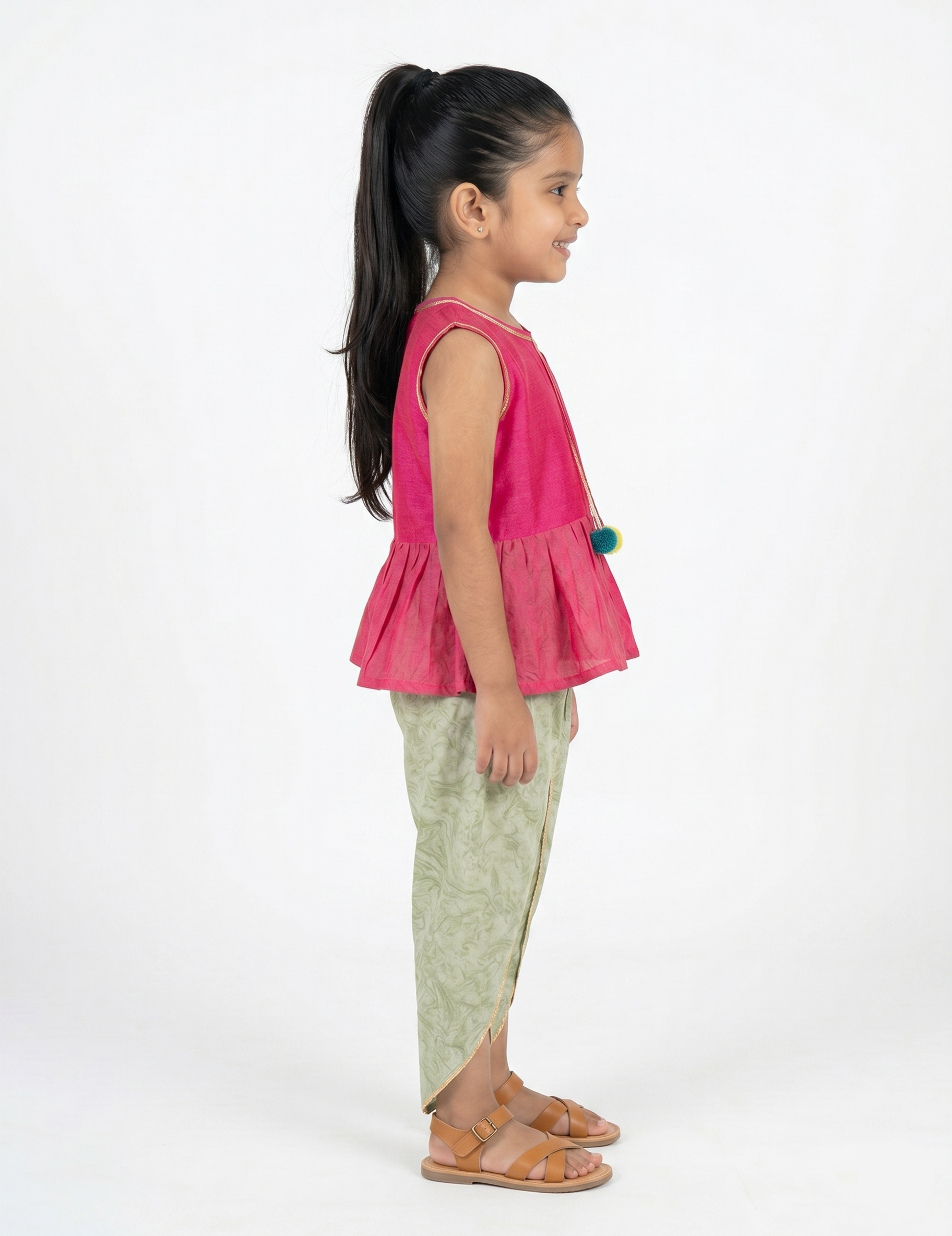 Girls' Fuchsia Pink Peplum Top and Olive Green Floral Dhoti Pant Set