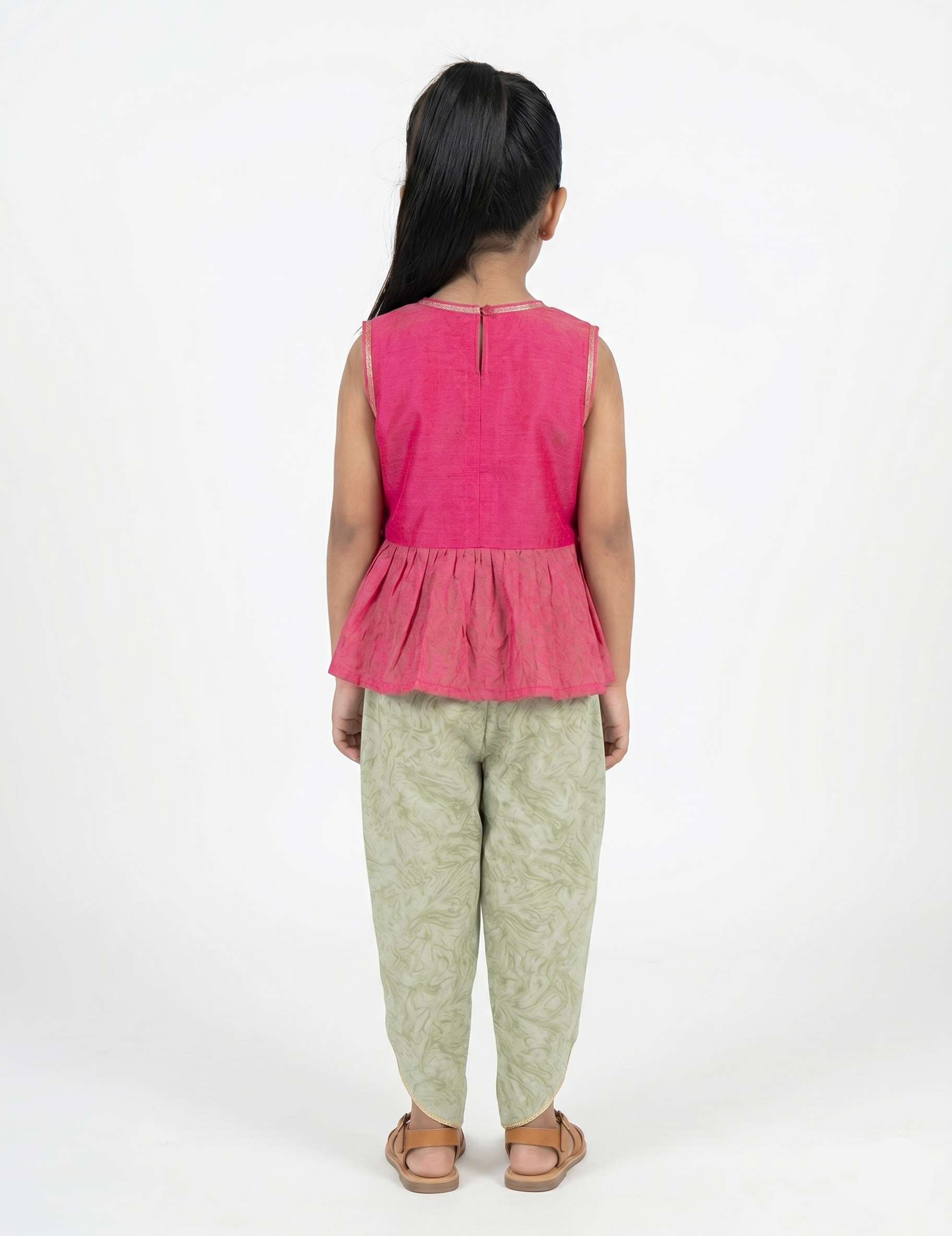 Girls' Fuchsia Pink Peplum Top and Olive Green Floral Dhoti Pant Set