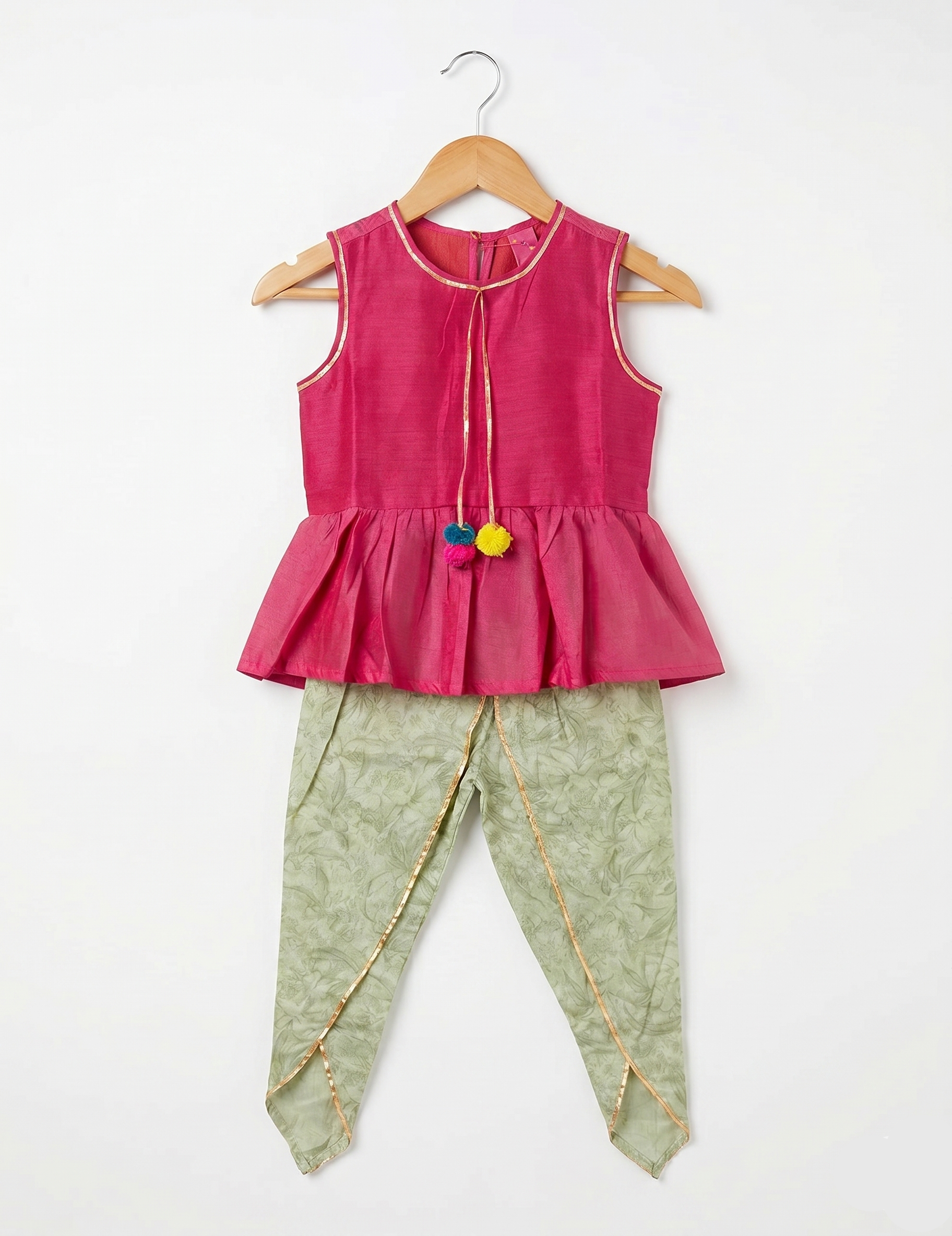 Girls' Fuchsia Pink Peplum Top and Olive Green Floral Dhoti Pant Set