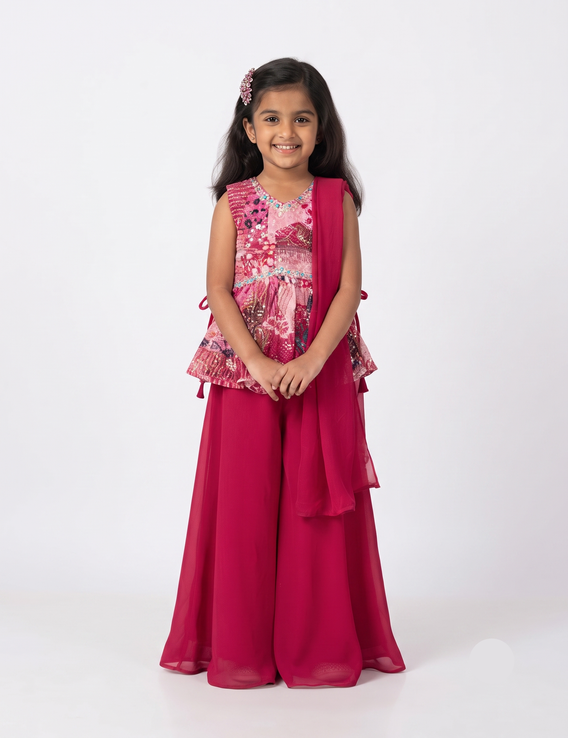 Girls' Pink Printed Peplum Top with Solid Palazzo and Dupatta Set