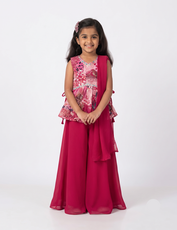 Girls' Pink Printed Peplum Top with Solid Palazzo and Dupatta Set