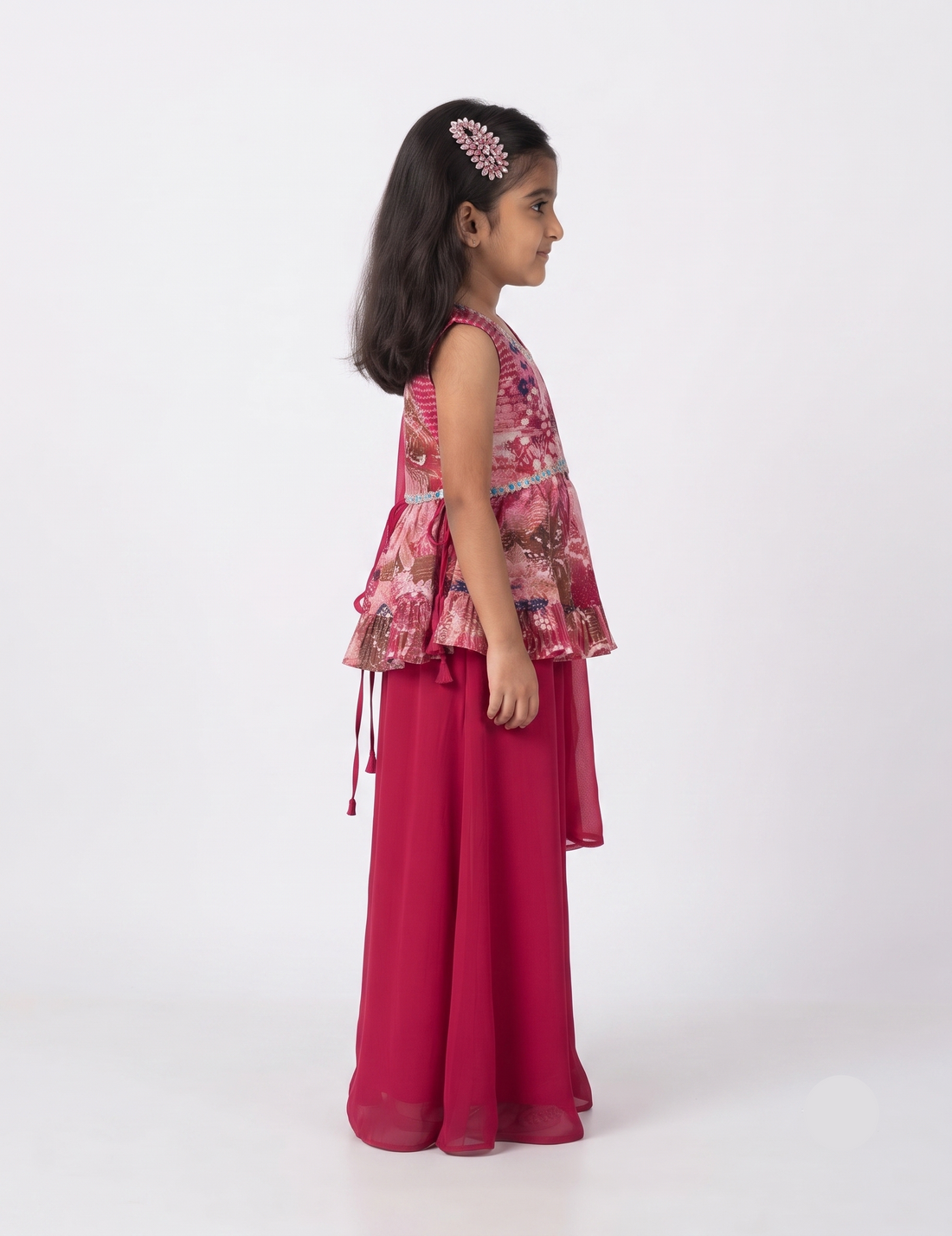 Girls' Pink Printed Peplum Top with Solid Palazzo and Dupatta Set