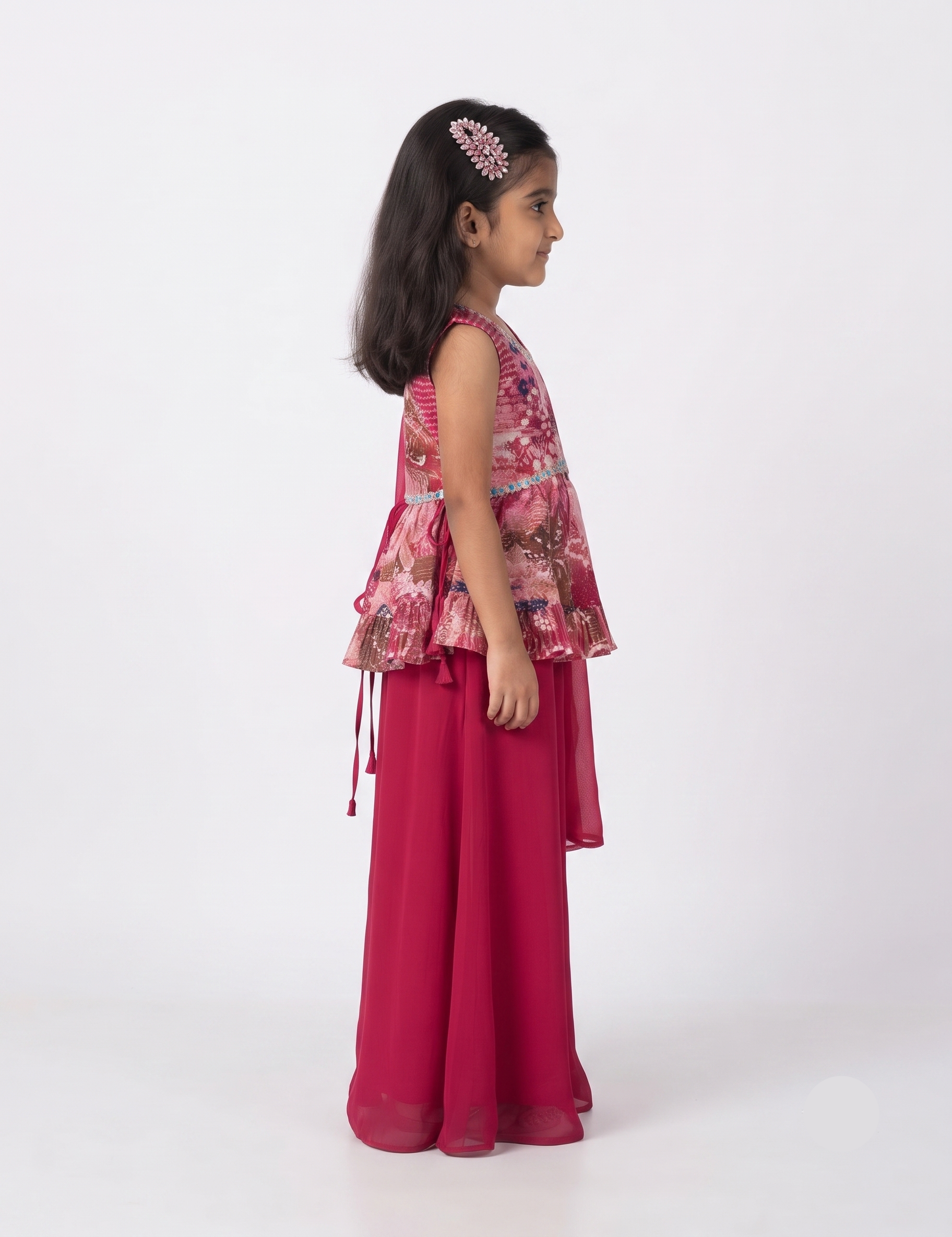 Girls' Pink Printed Peplum Top with Solid Palazzo and Dupatta Set