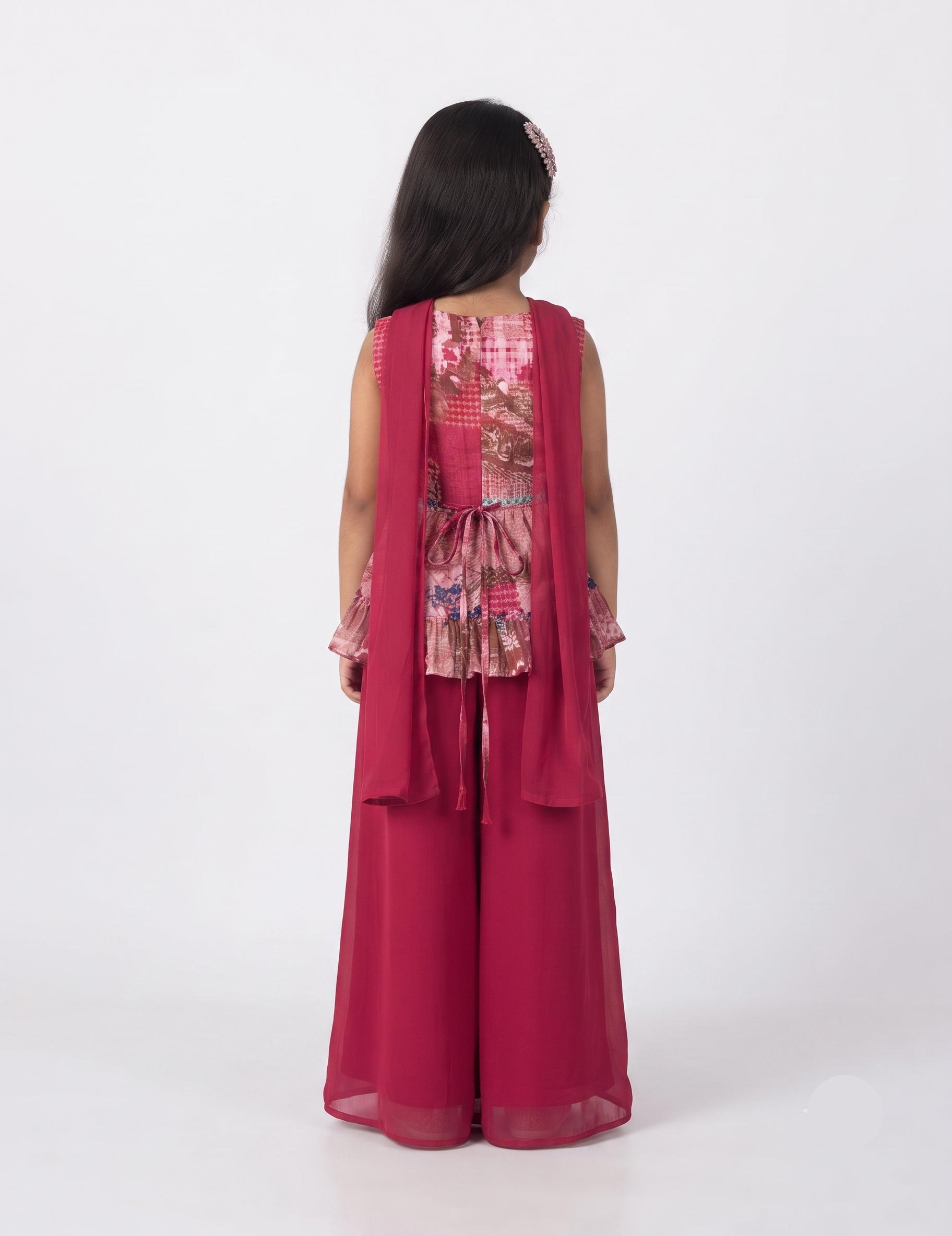 Girls' Pink Printed Peplum Top with Solid Palazzo and Dupatta Set