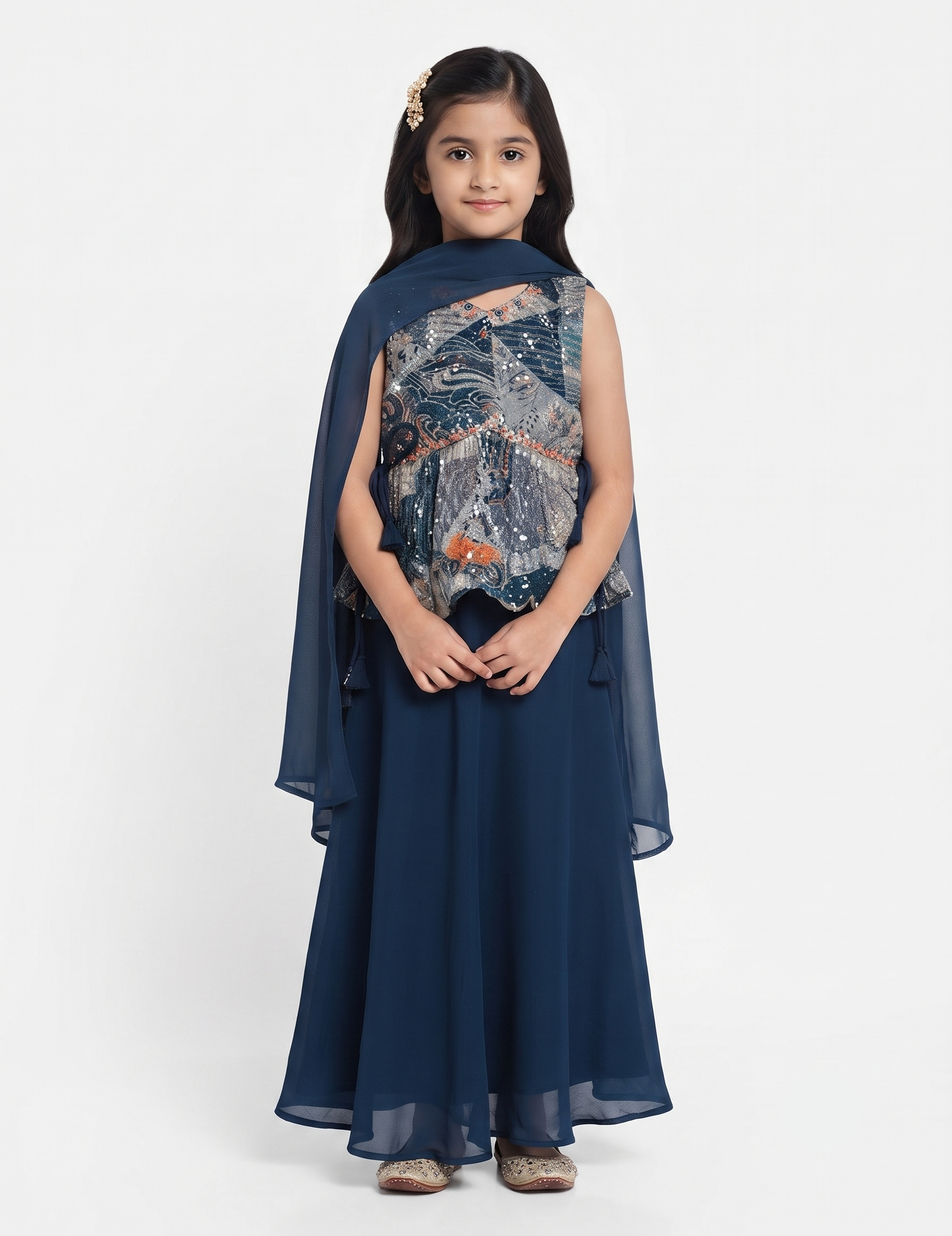 Girls' Navy Blue Printed Peplum Top with Solid Palazzo and Dupatta Set