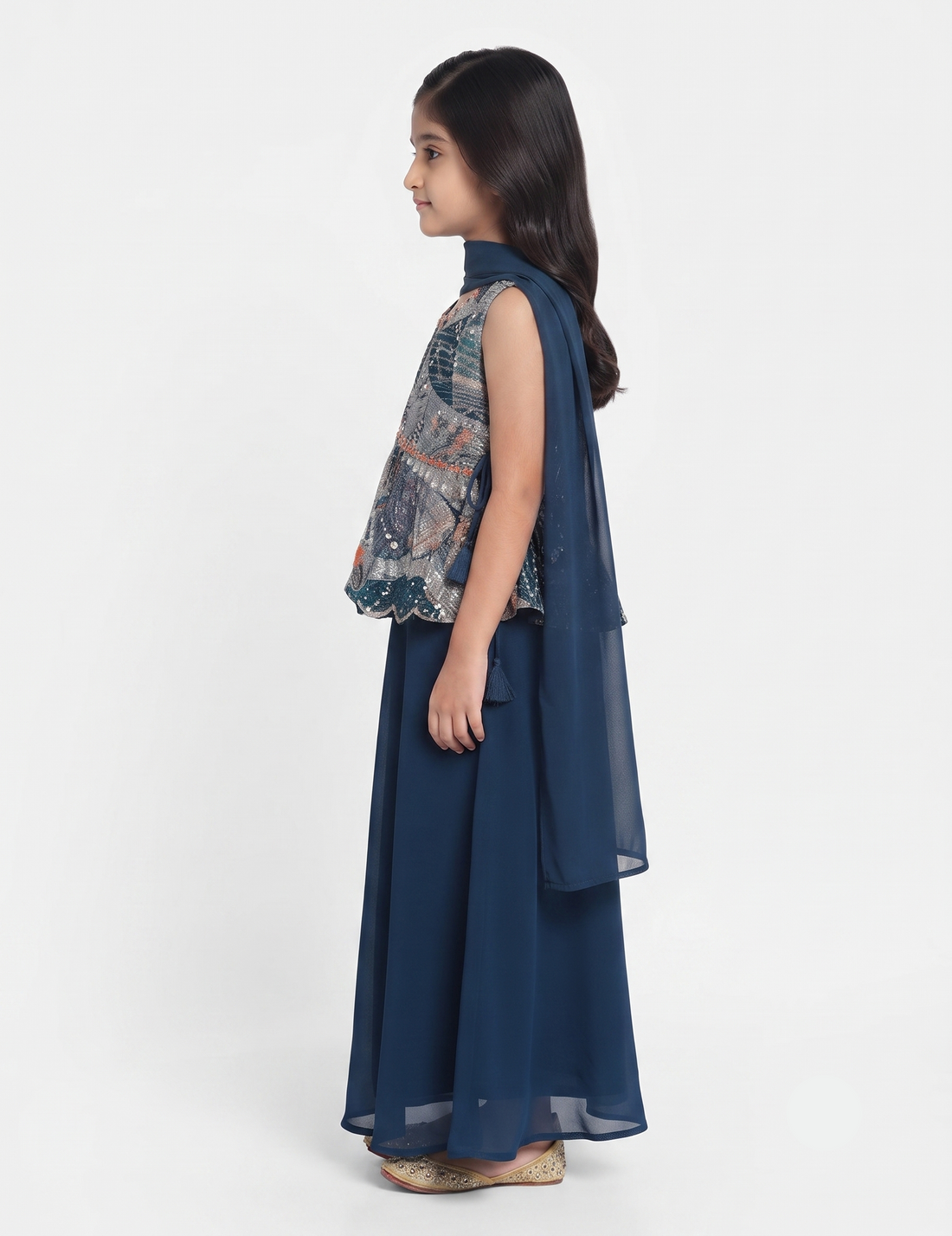 Girls' Navy Blue Printed Peplum Top with Solid Palazzo and Dupatta Set