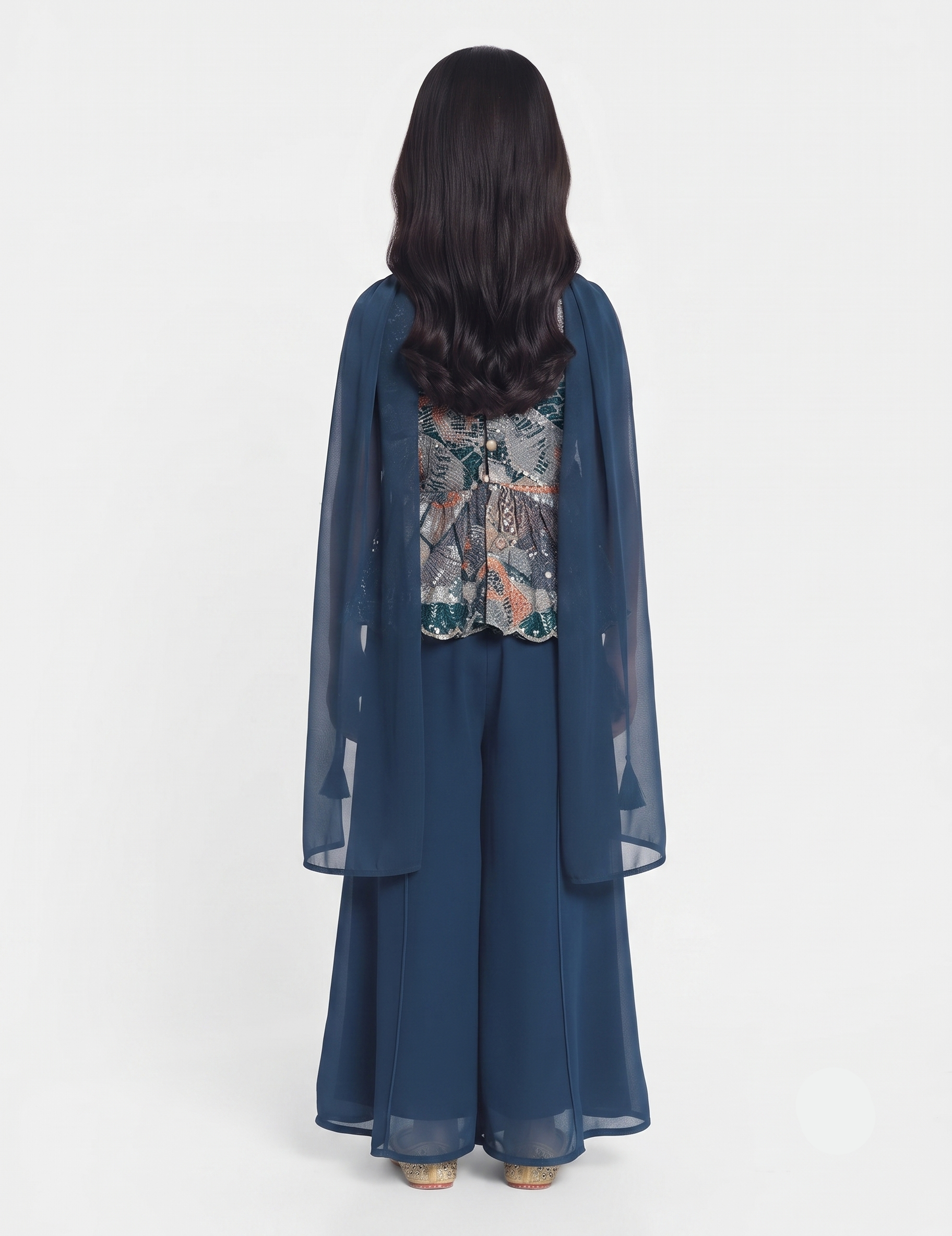 Girls' Navy Blue Printed Peplum Top with Solid Palazzo and Dupatta Set