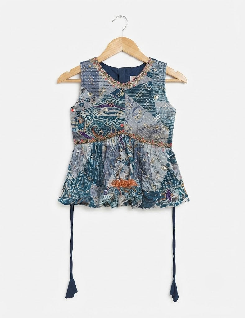 Girls' Navy Blue Printed Peplum Top with Solid Palazzo and Dupatta Set