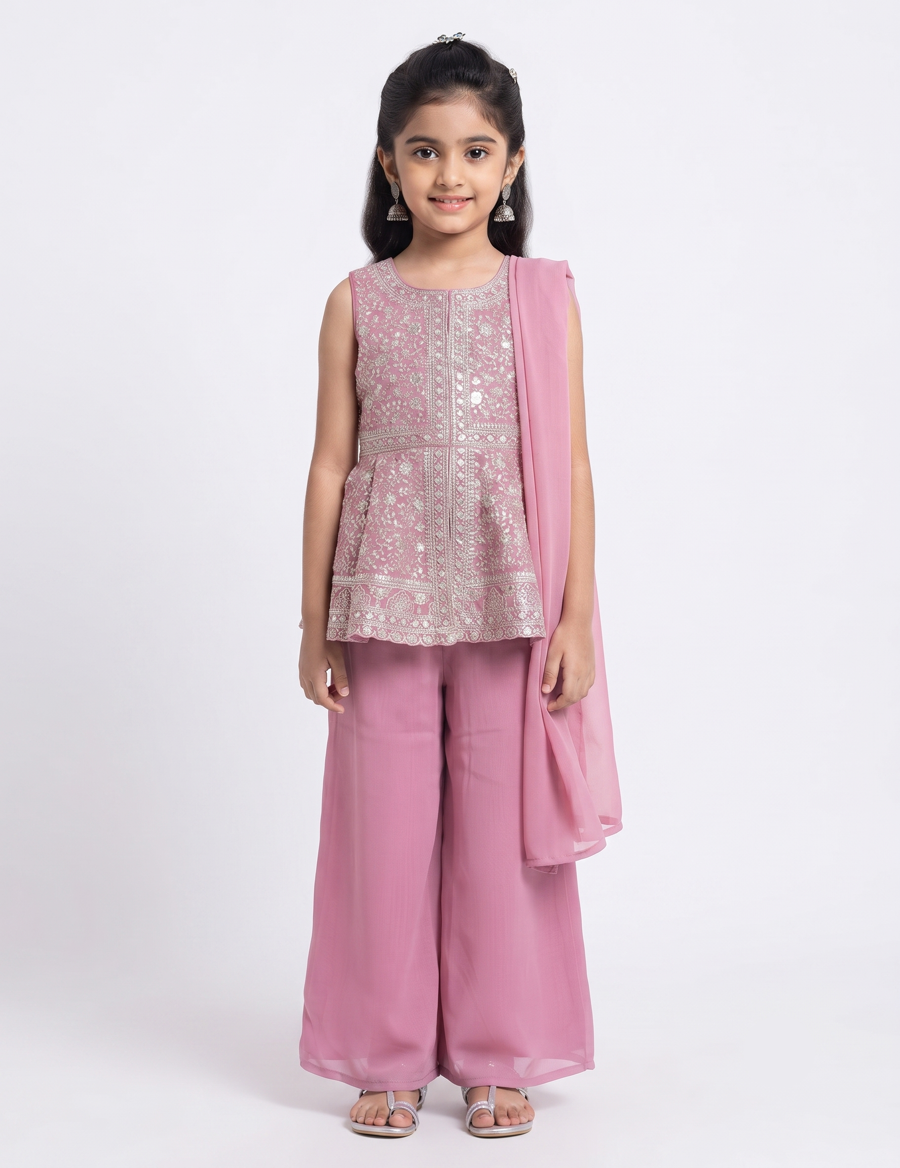 Premium Festive Wear Pink Embroidered Kurta Style Peplum and Pant Set