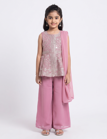 Premium Festive Wear Pink Embroidered Kurta Style Peplum and Pant Set