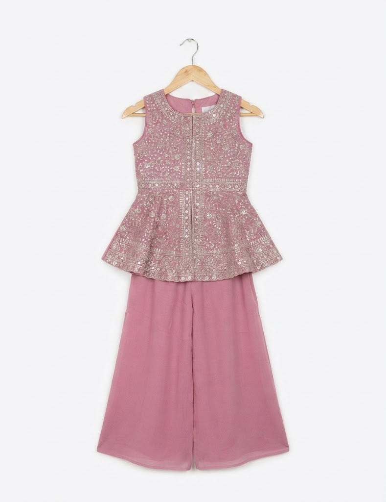 Premium Festive Wear Pink Embroidered Kurta Style Peplum and Pant Set