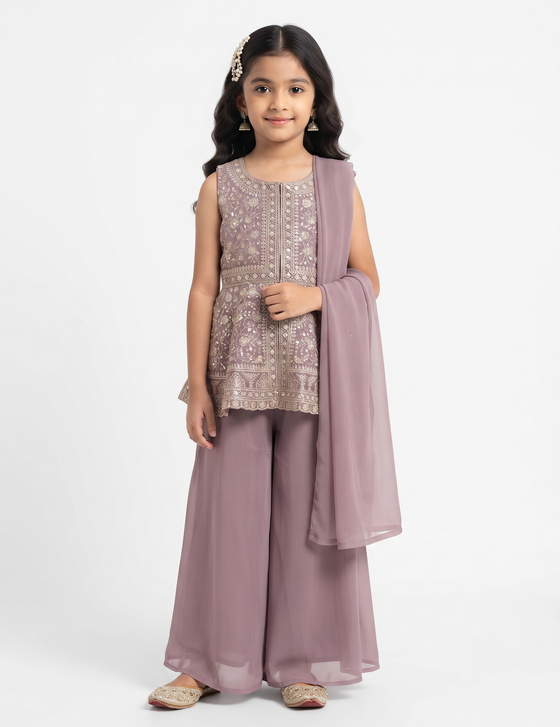 Designer Sleeveless Peplum Top, Palazzo & Dupatta Outfit for Girls