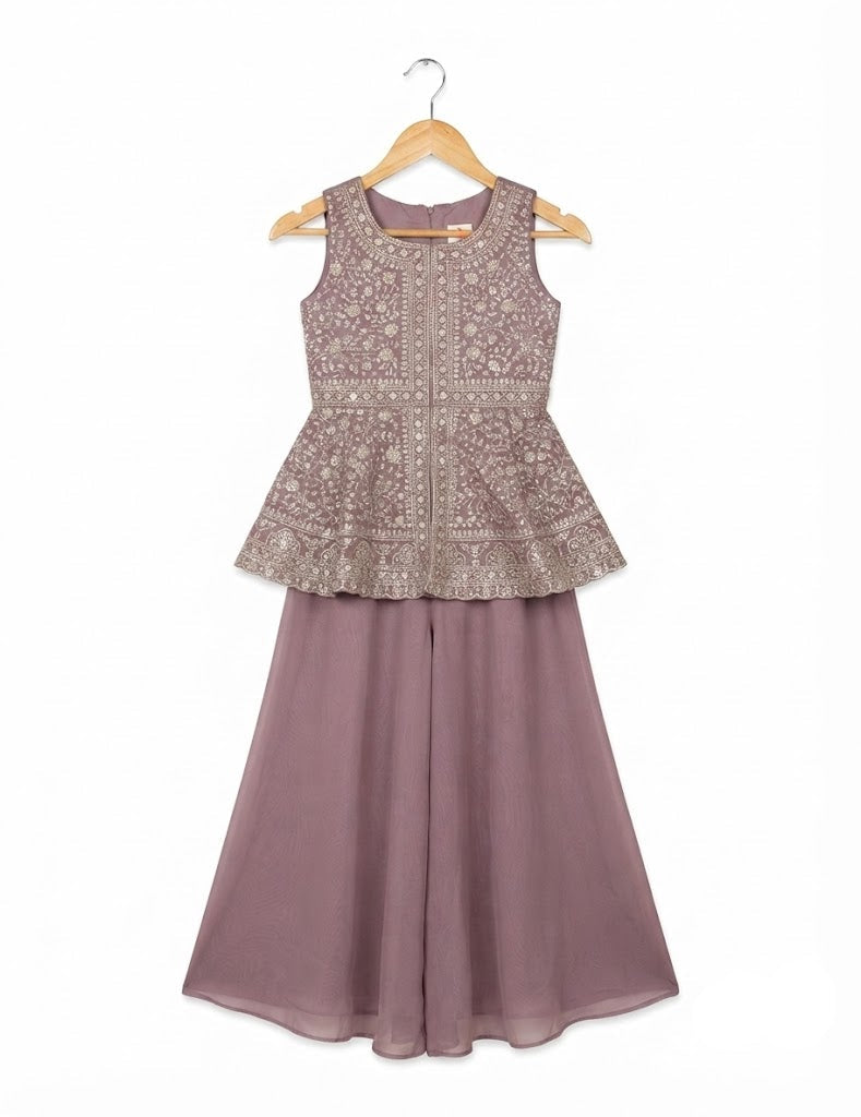Designer Sleeveless Peplum Top, Palazzo & Dupatta Outfit for Girls