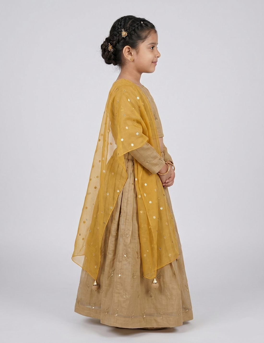 Golden Beige Chanderi Lehenga with Sequin Embroidered Dupatta
