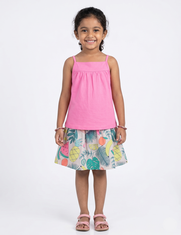 Kids Pink Cotton Camisole and Fruit Pattern A-Line Skirt | Girls Casual Summer Dress Set