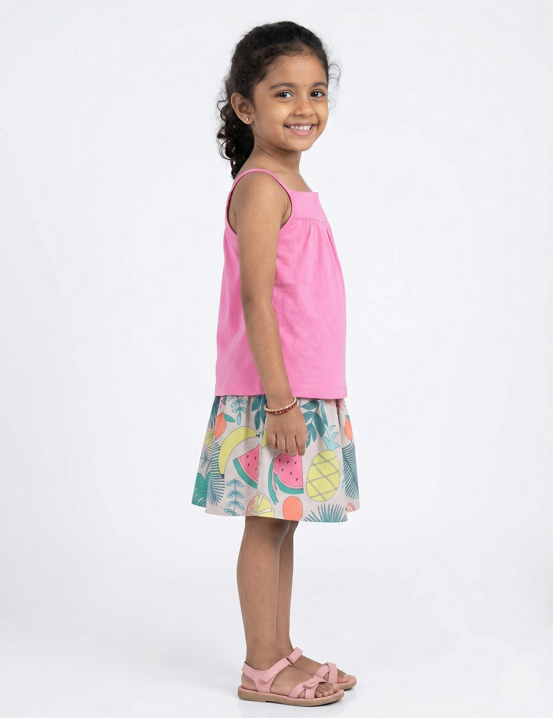 Kids Pink Cotton Camisole and Fruit Pattern A-Line Skirt | Girls Casual Summer Dress Set