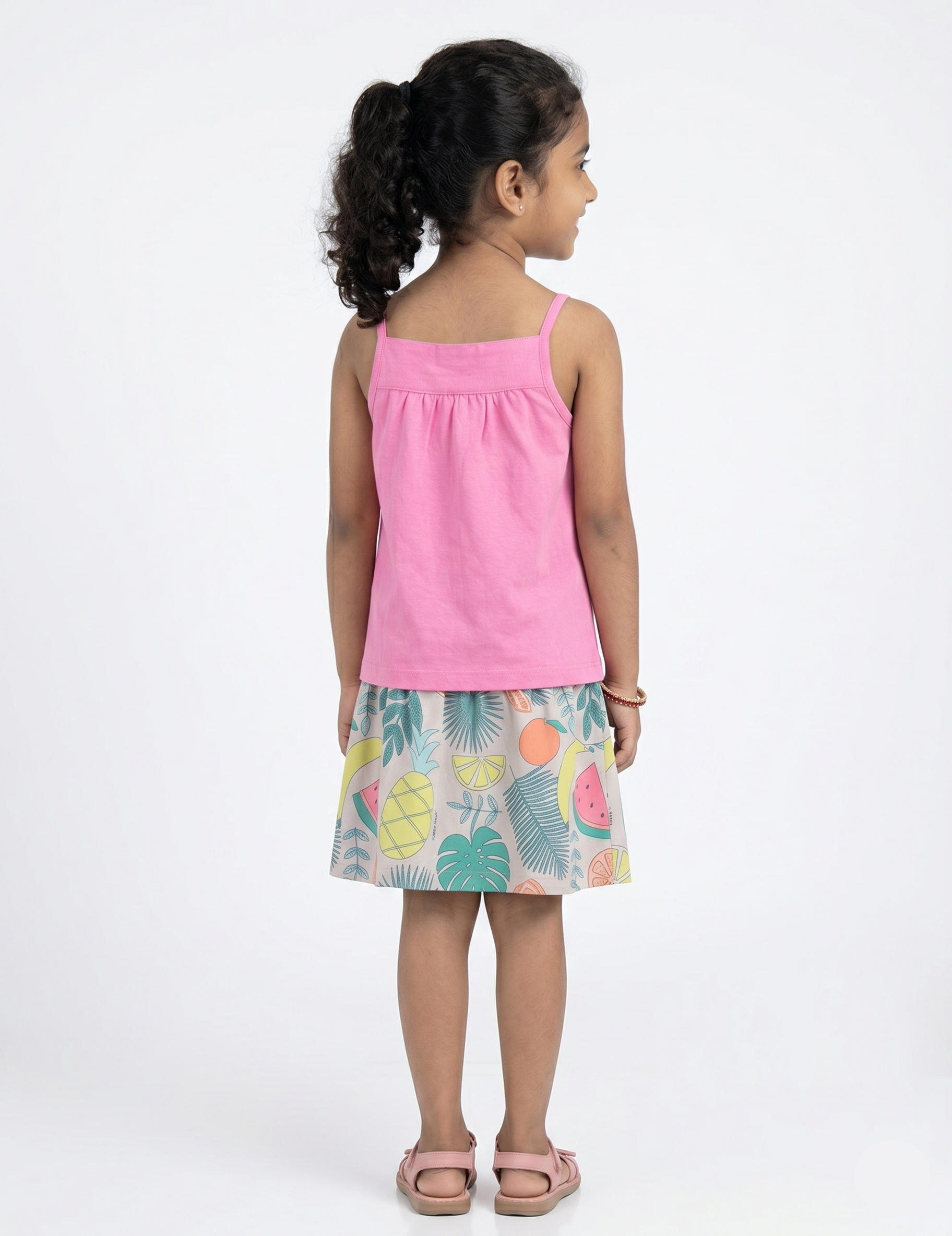 Kids Pink Cotton Camisole and Fruit Pattern A-Line Skirt | Girls Casual Summer Dress Set