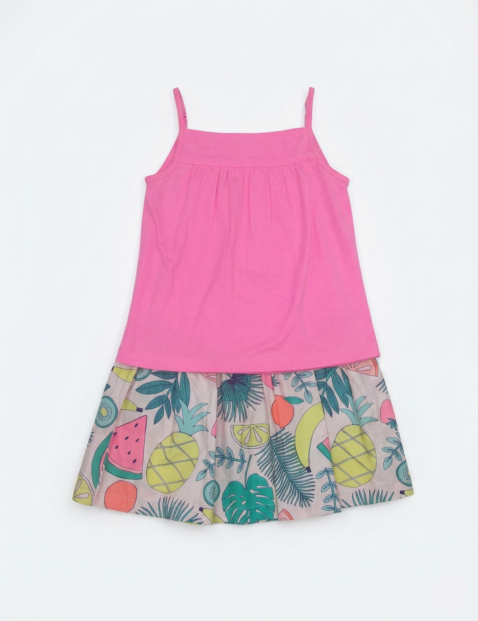 Kids Pink Cotton Camisole and Fruit Pattern A-Line Skirt | Girls Casual Summer Dress Set
