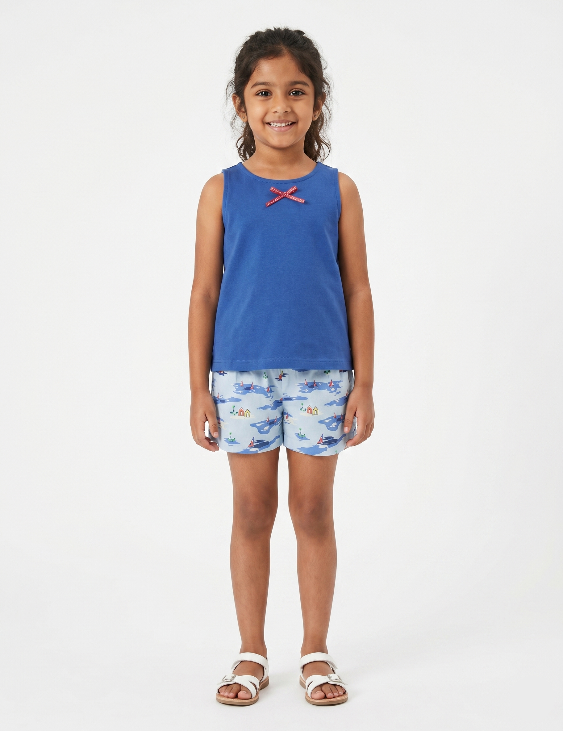 Kids Blue Sleeveless Top and Sailboat Print Shorts | Girls Cotton Casual Shorts Set