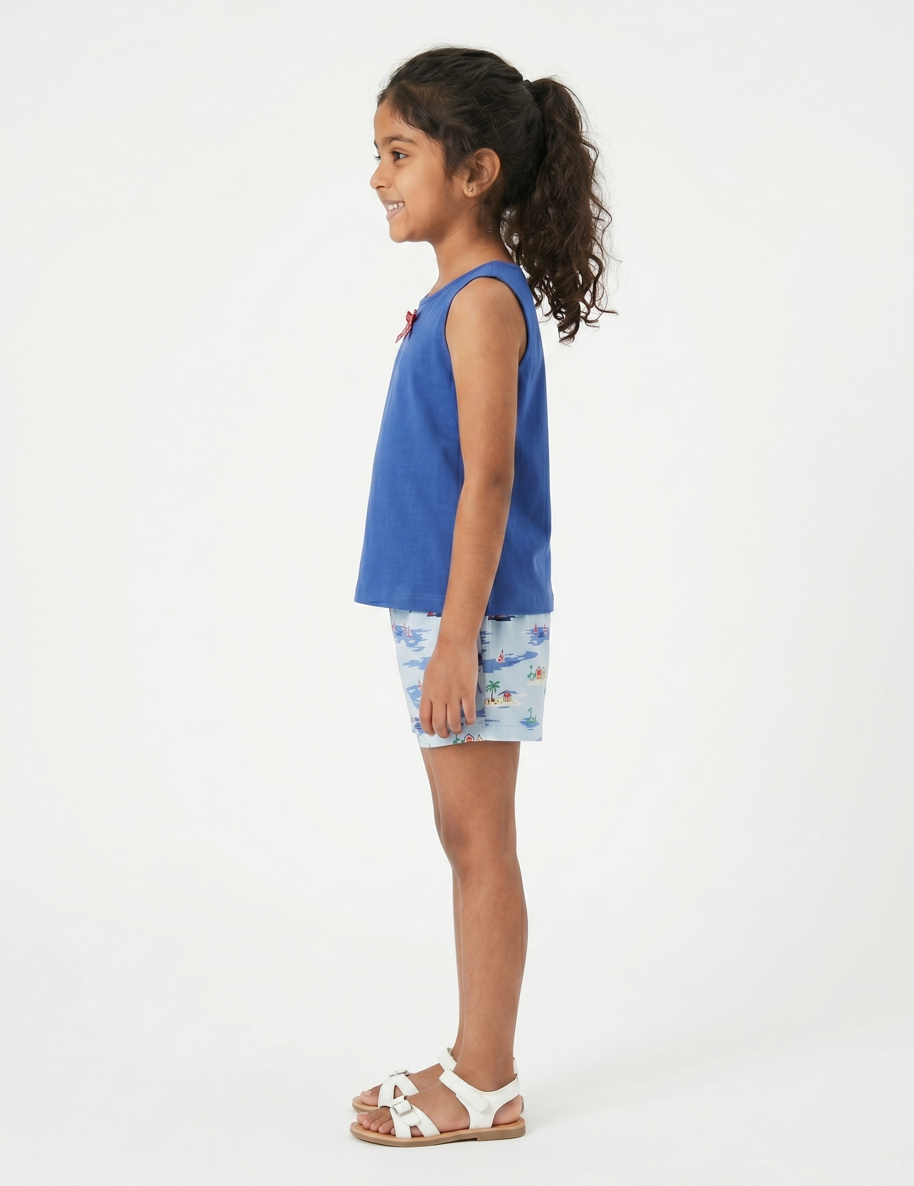 Kids Blue Sleeveless Top and Sailboat Print Shorts | Girls Cotton Casual Shorts Set