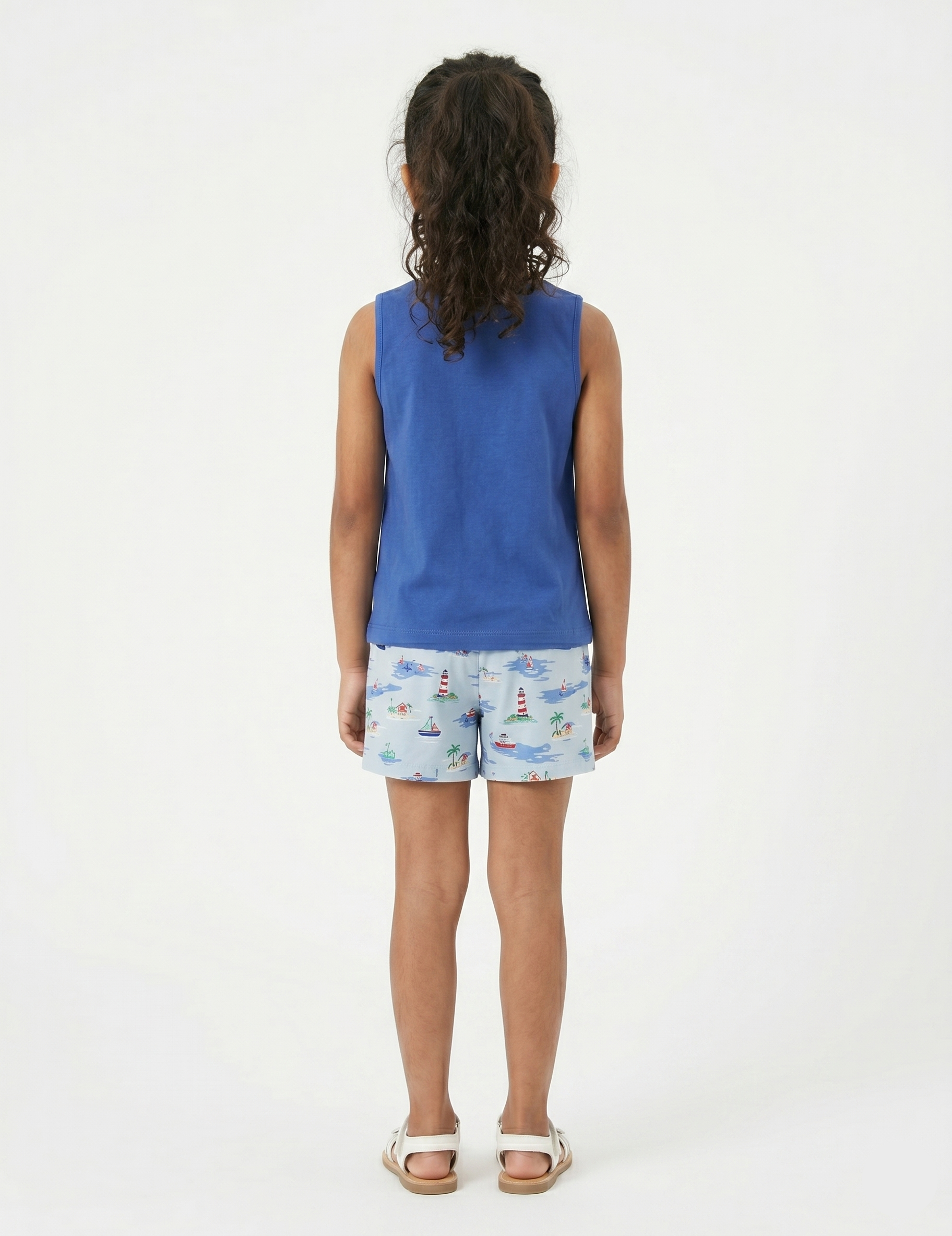 Kids Blue Sleeveless Top and Sailboat Print Shorts | Girls Cotton Casual Shorts Set