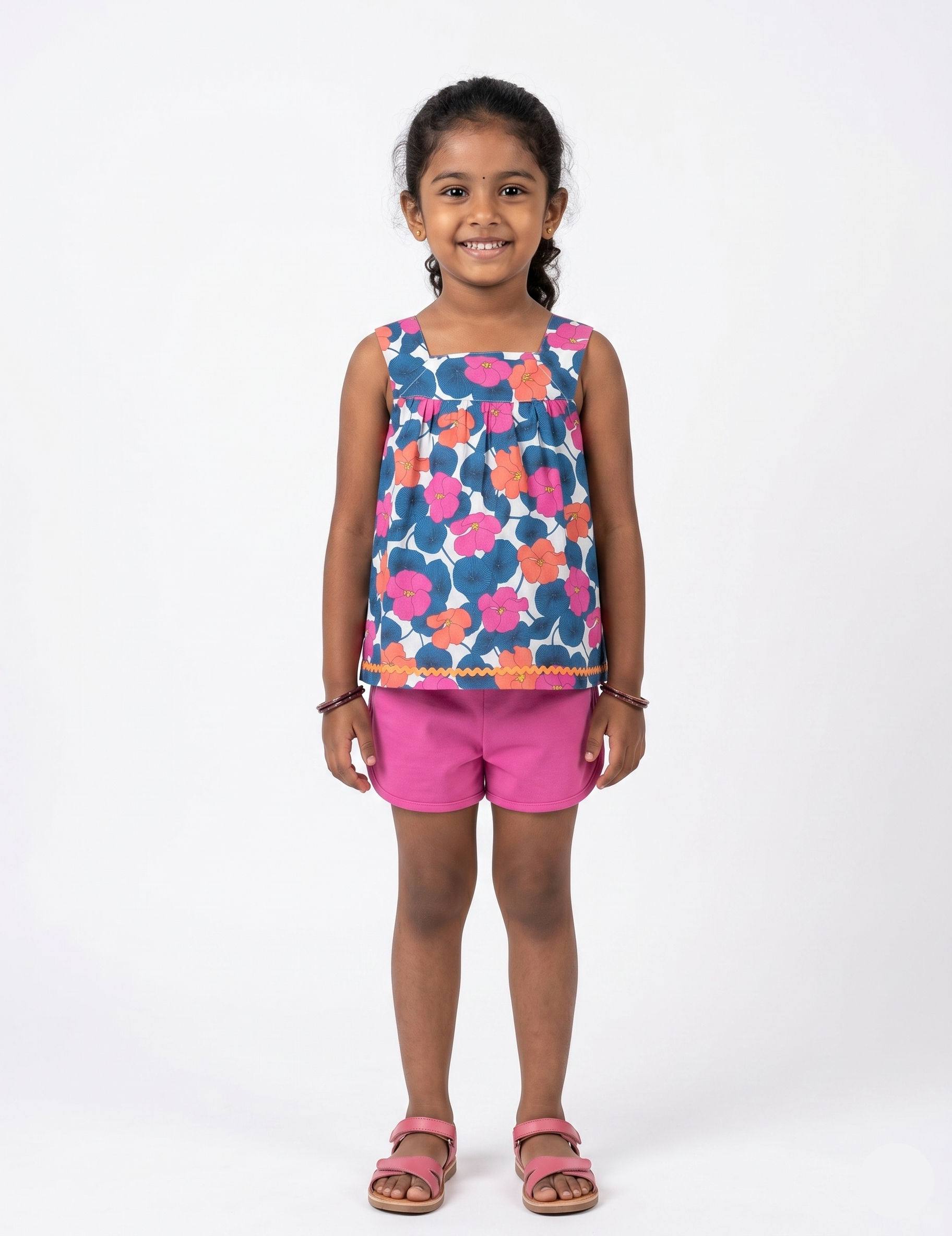 Kids Pink and Blue Floral Sleeveless Top with Solid Shorts Set