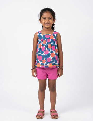 Kids Pink and Blue Floral Sleeveless Top with Solid Shorts Set