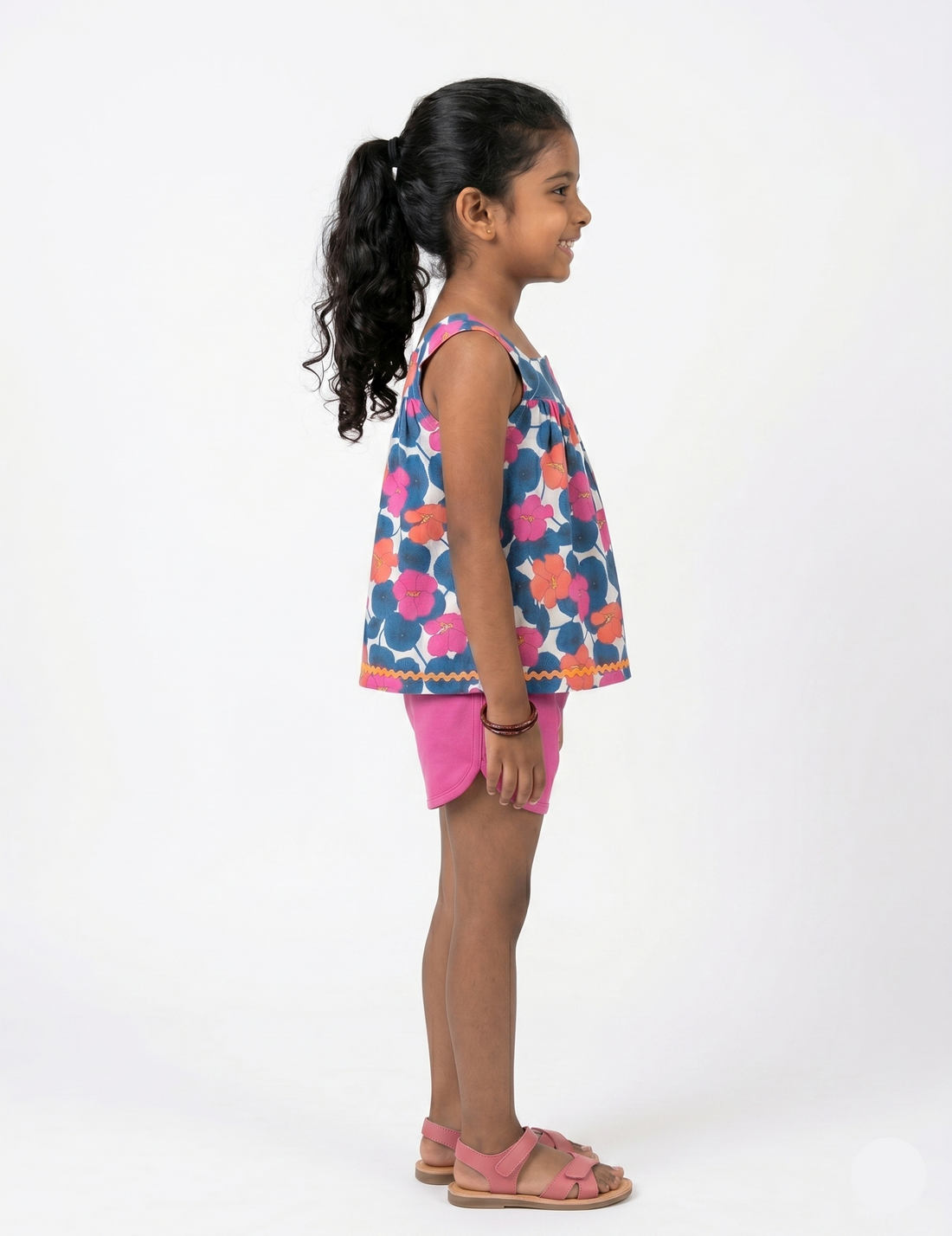 Kids Pink and Blue Floral Sleeveless Top with Solid Shorts Set