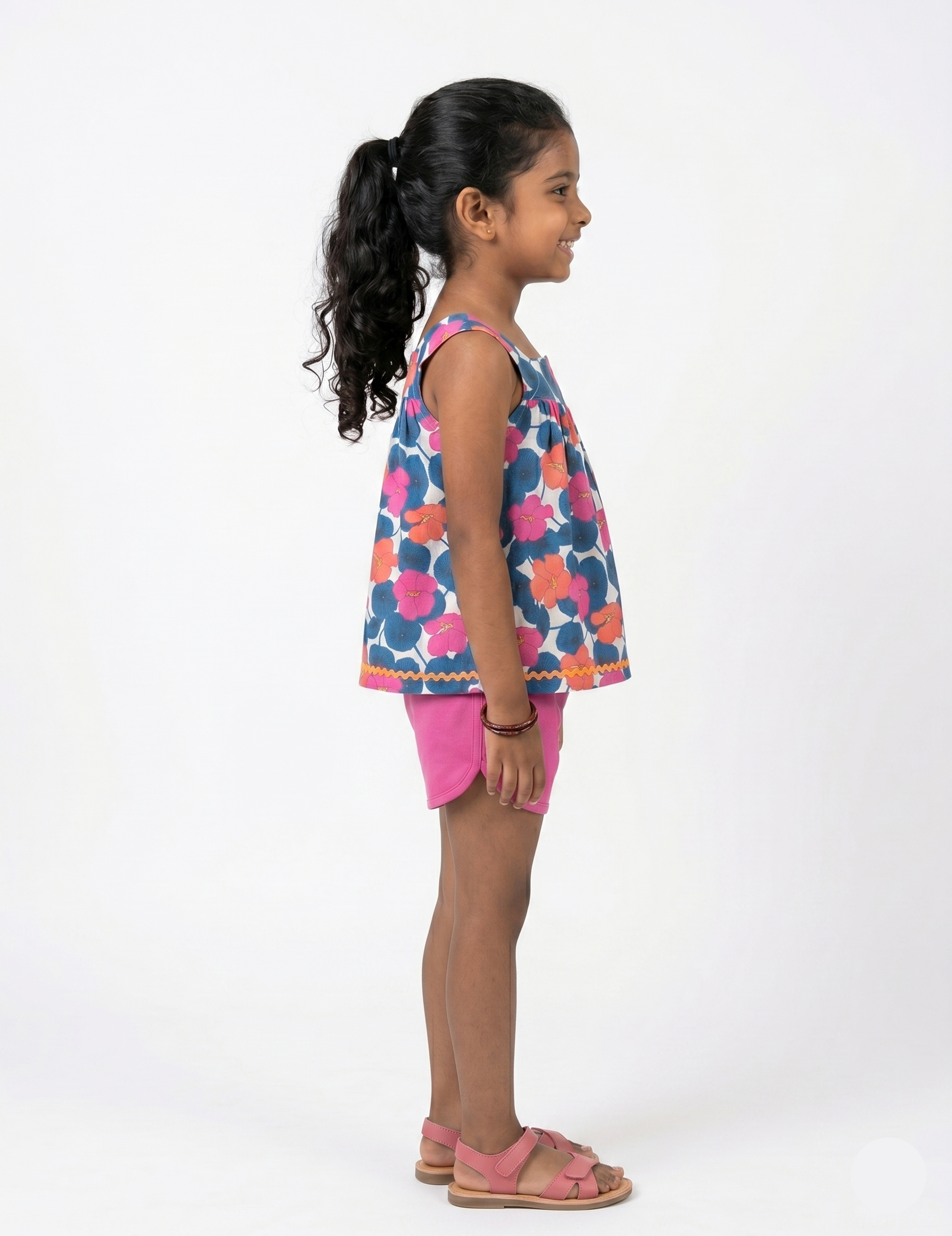 Kids Pink and Blue Floral Sleeveless Top with Solid Shorts Set