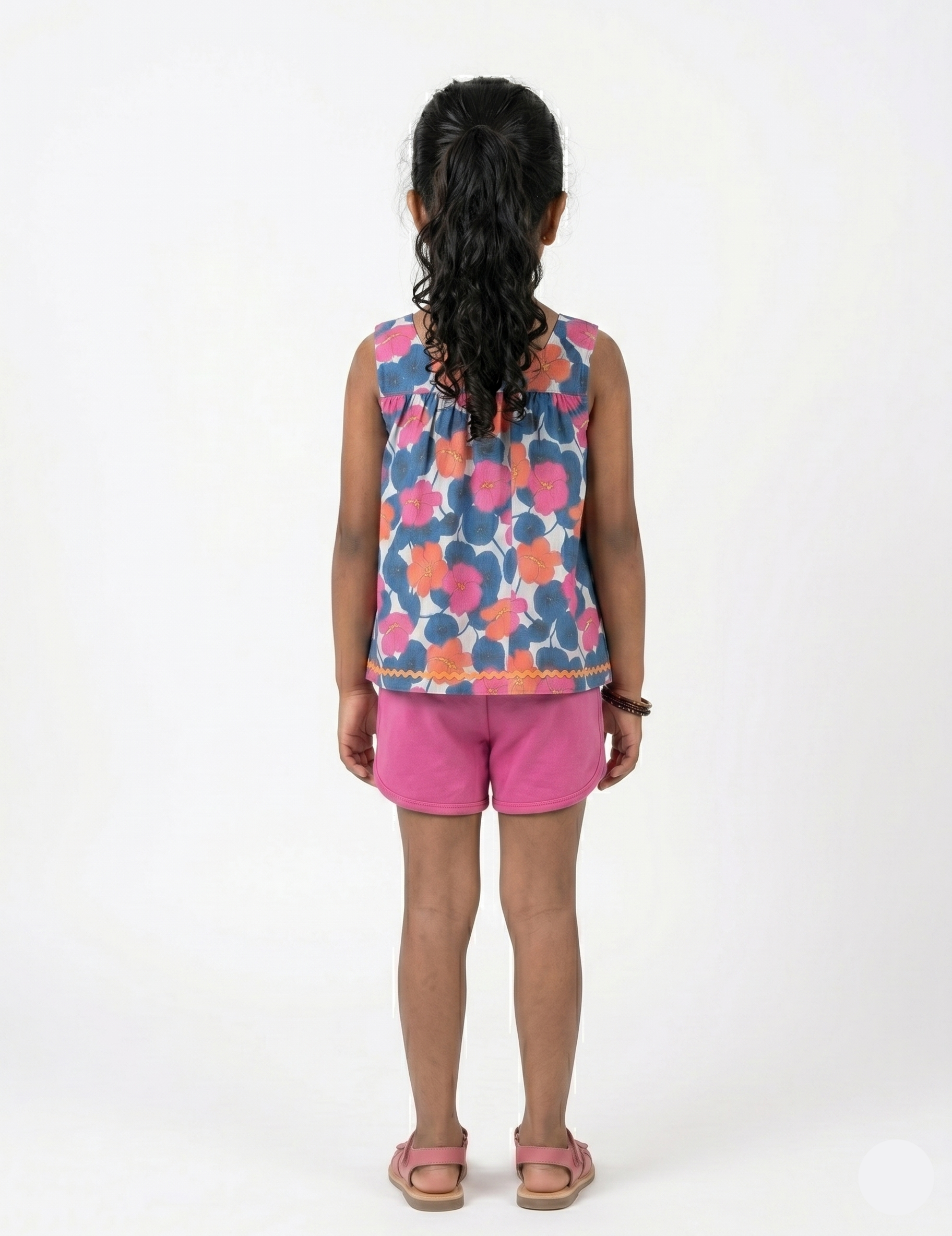 Kids Pink and Blue Floral Sleeveless Top with Solid Shorts Set