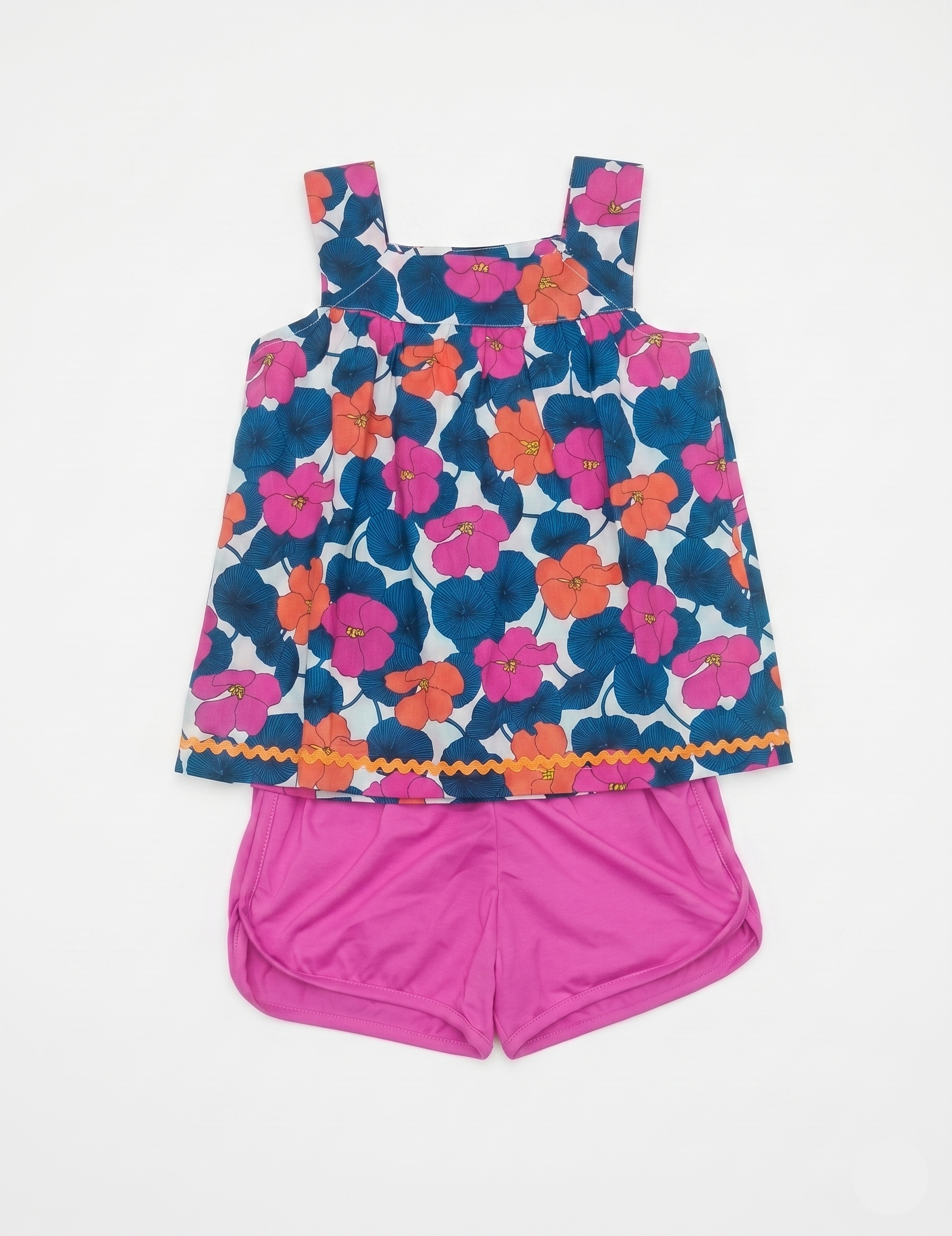 Kids Pink and Blue Floral Sleeveless Top with Solid Shorts Set
