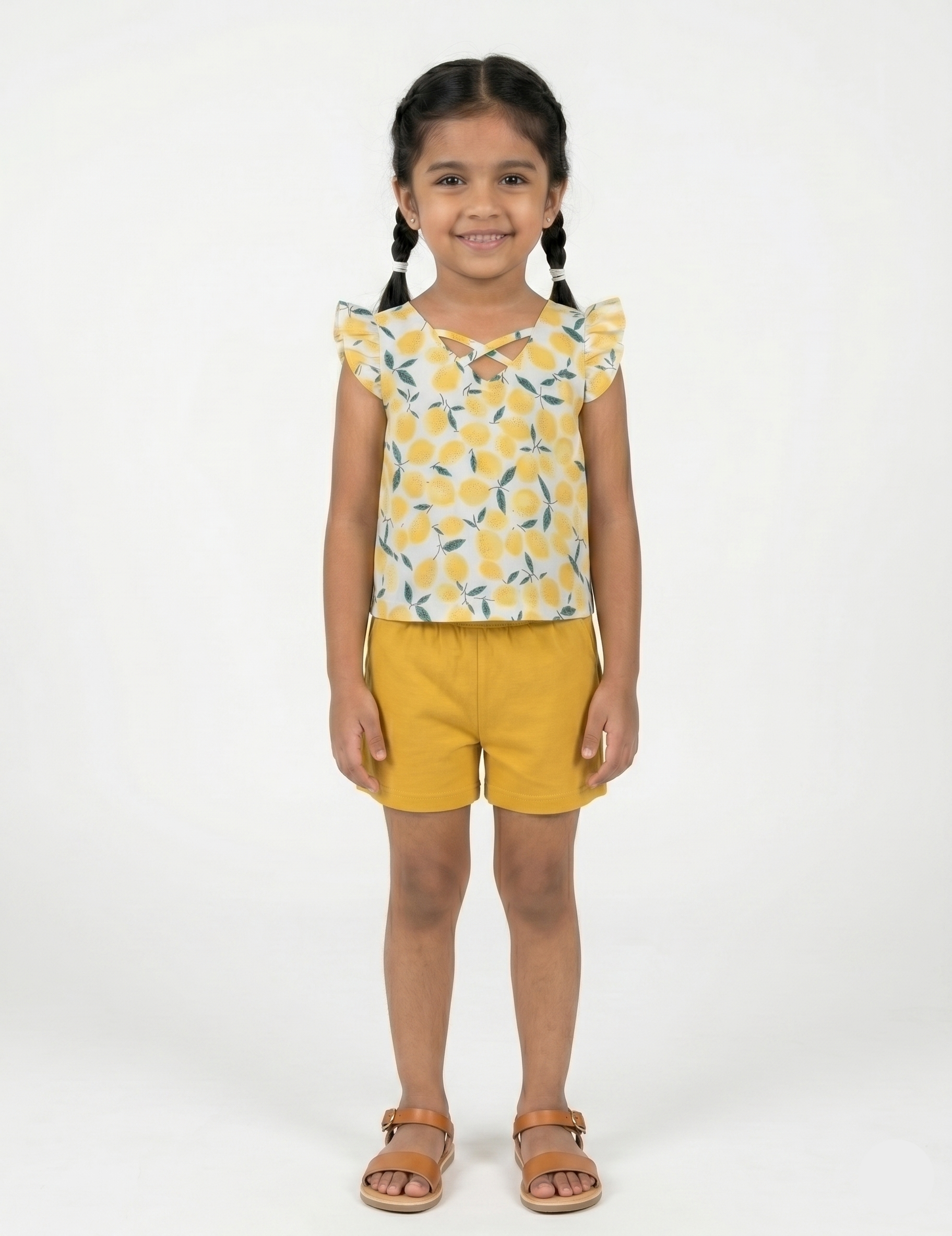 Kids Yellow Fruit Print Top and Cotton Shorts | Girls Casual Summer Shorts Set