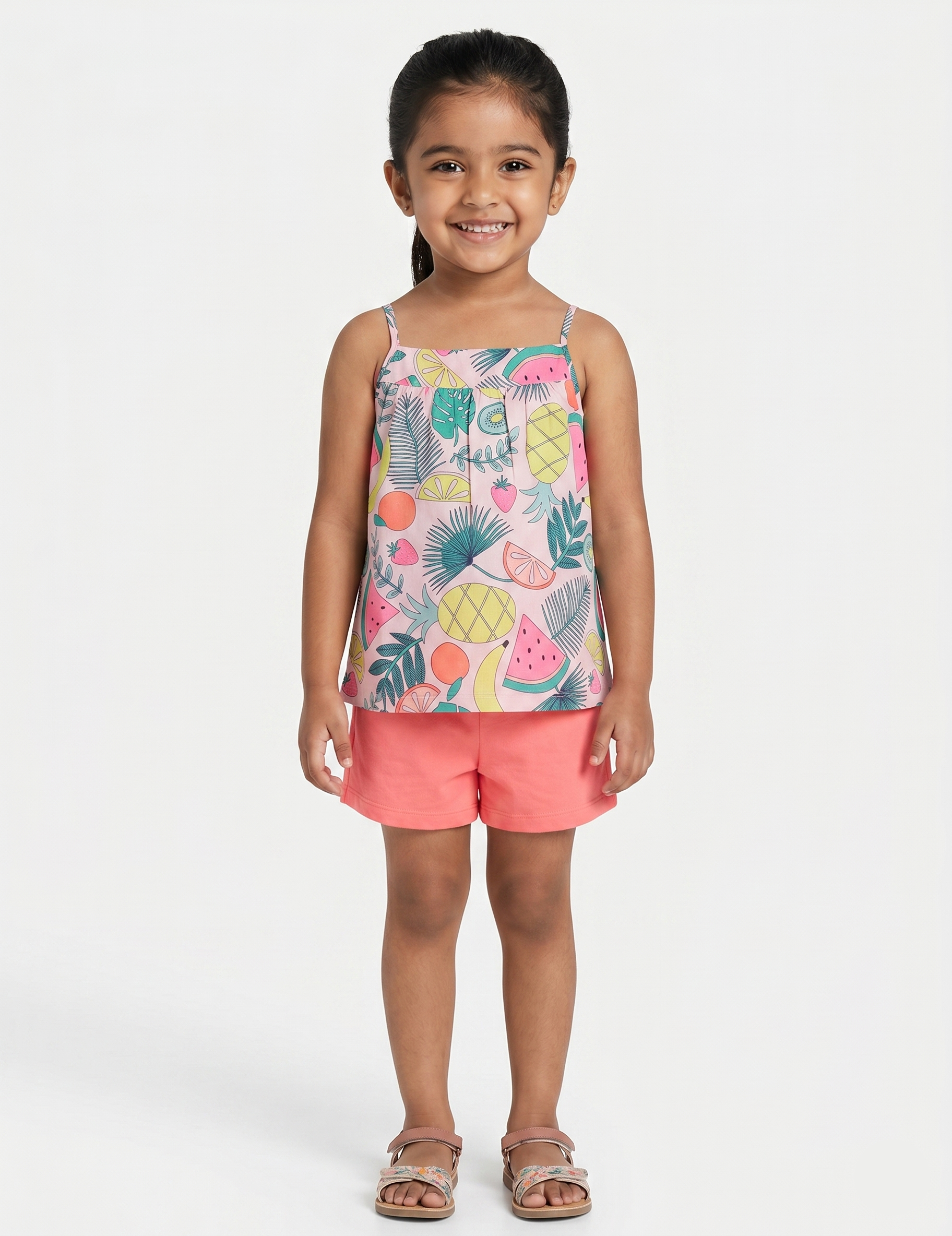 Kids Pink Tropical Pattern Strappy Top with Solid Shorts