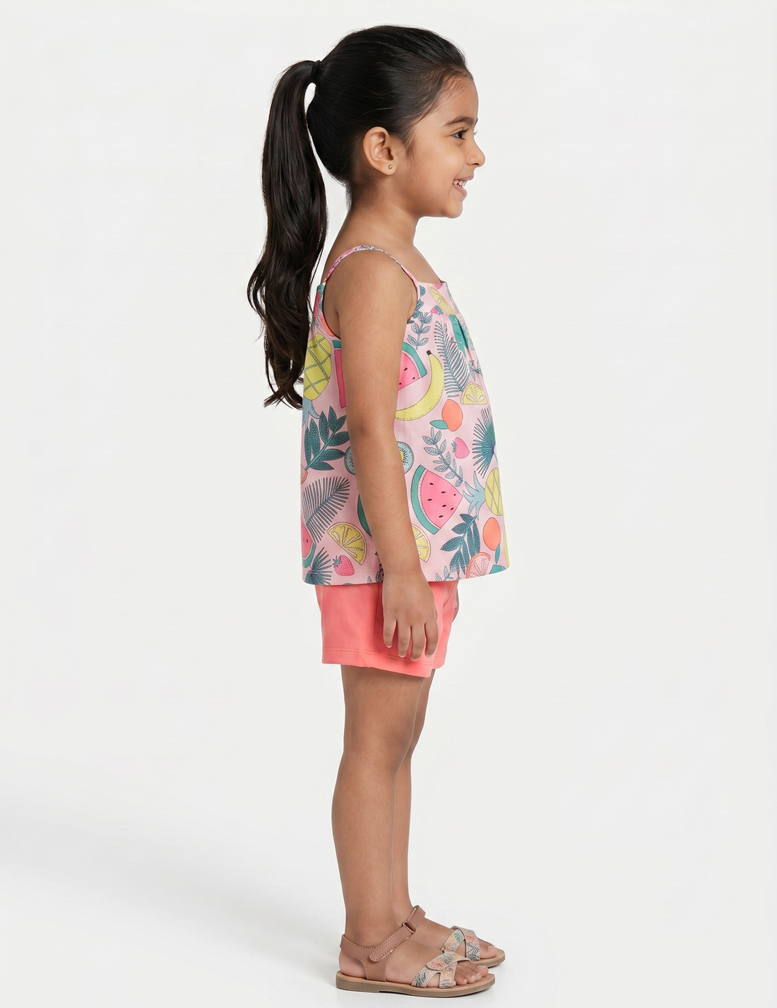 Kids Pink Tropical Pattern Strappy Top with Solid Shorts