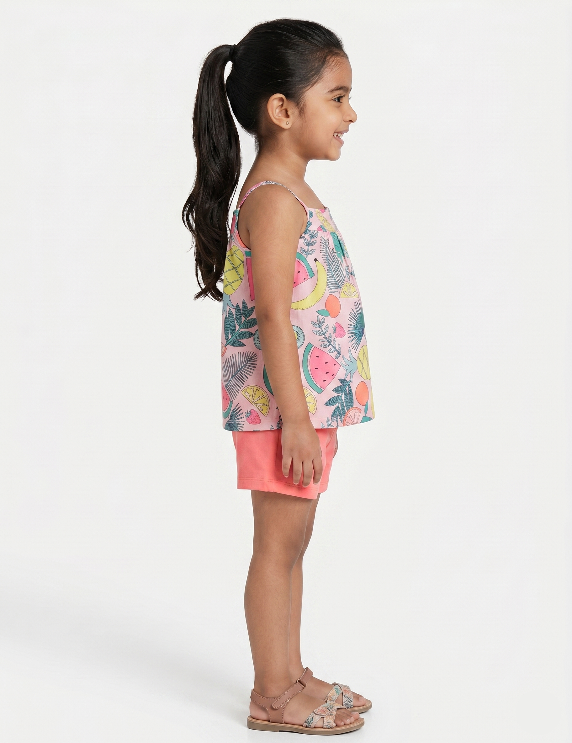 Kids Pink Tropical Pattern Strappy Top with Solid Shorts