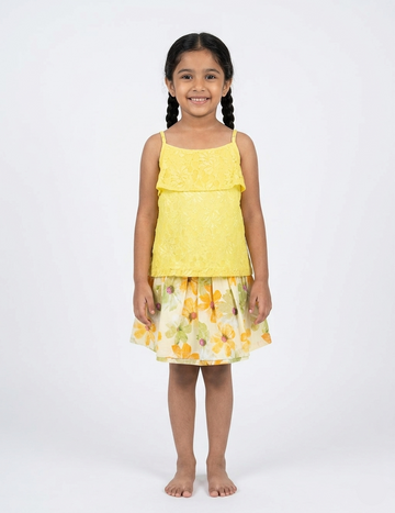 Kids Yellow Lace Top and Floral Print Skirt
