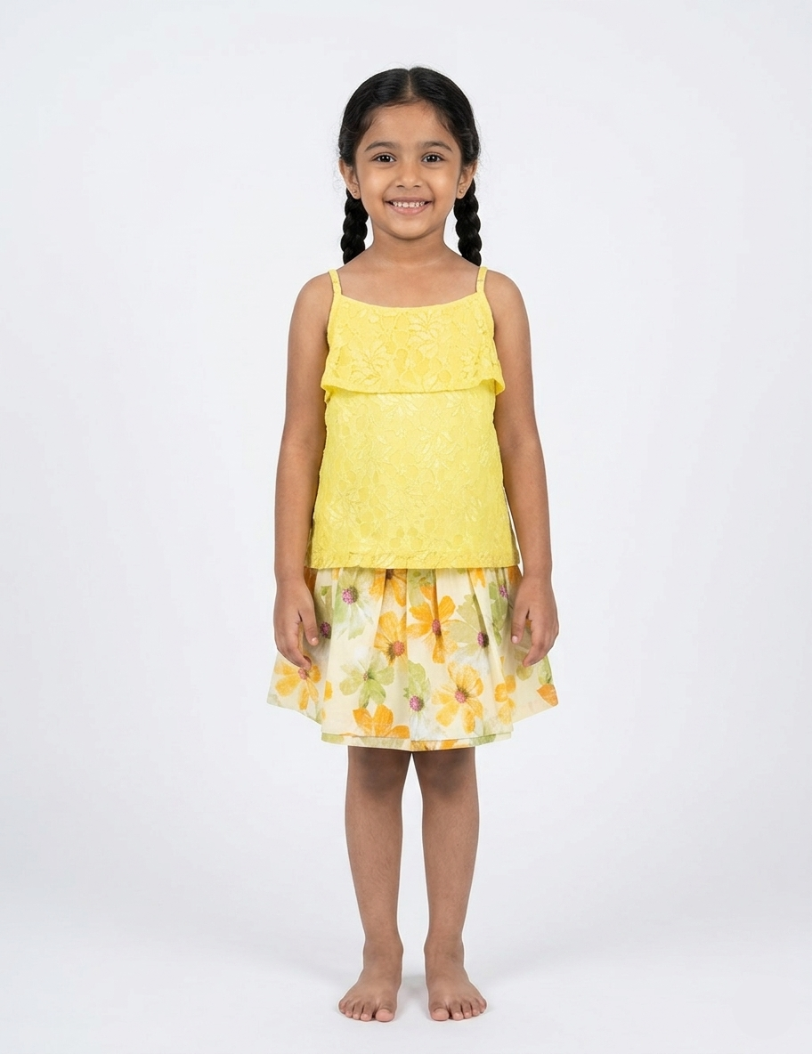 Kids Yellow Lace Top and Floral Print Skirt
