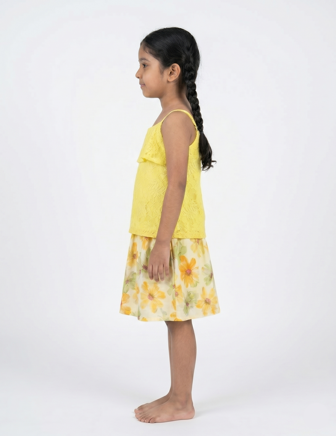 Kids Yellow Lace Top and Floral Print Skirt