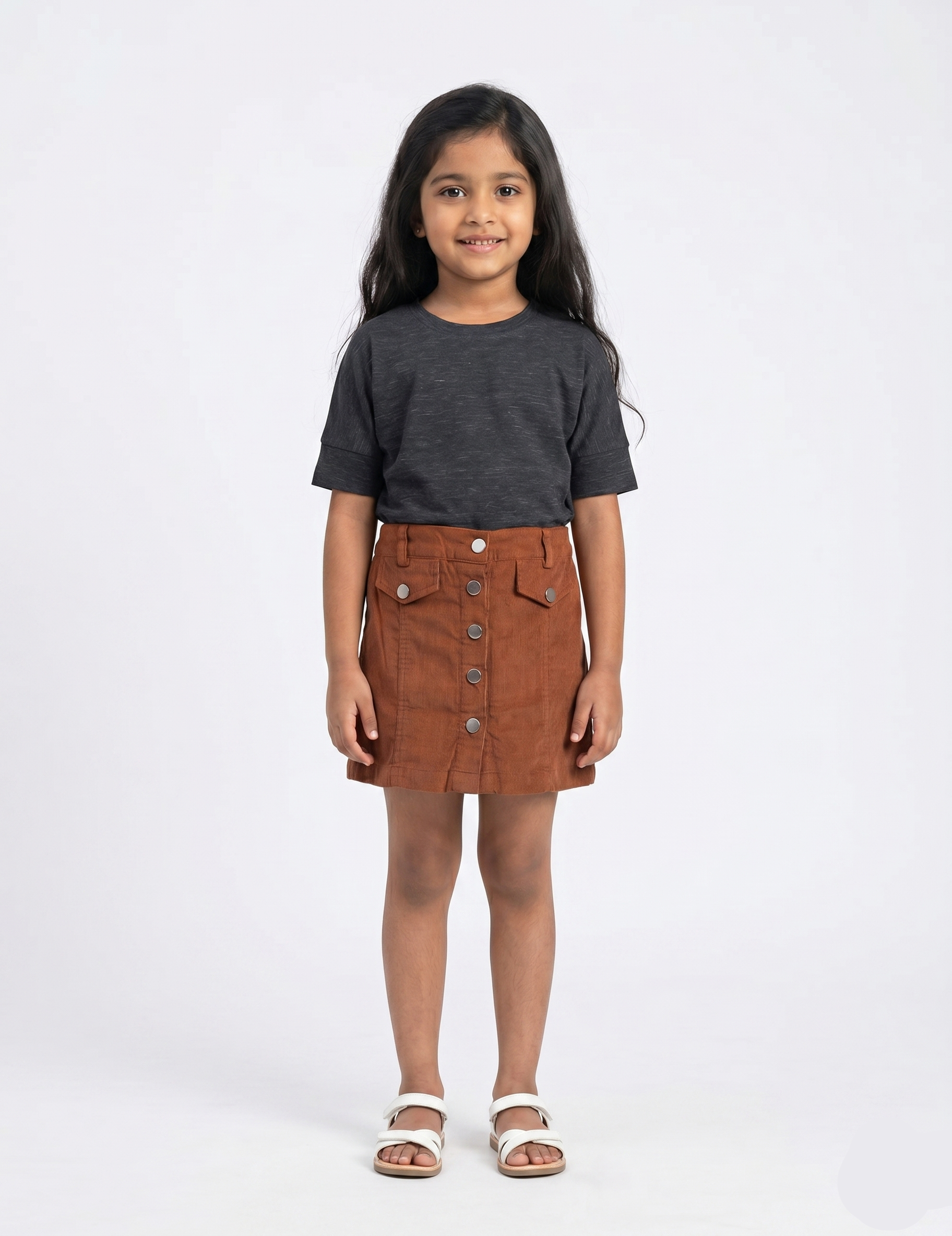 Charcoal Slub Tee & Corduroy Button-Front Skirt