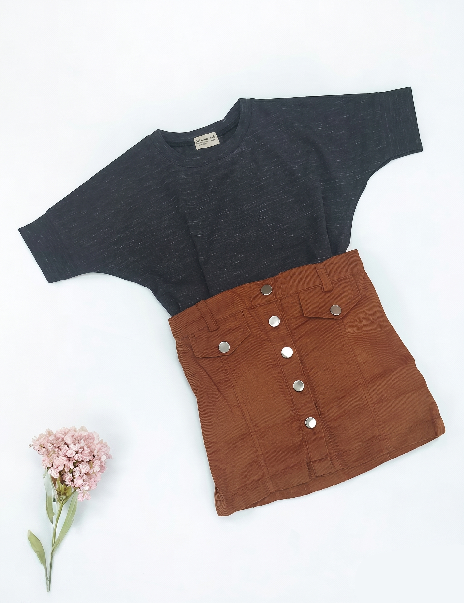 Charcoal Slub Tee & Corduroy Button-Front Skirt