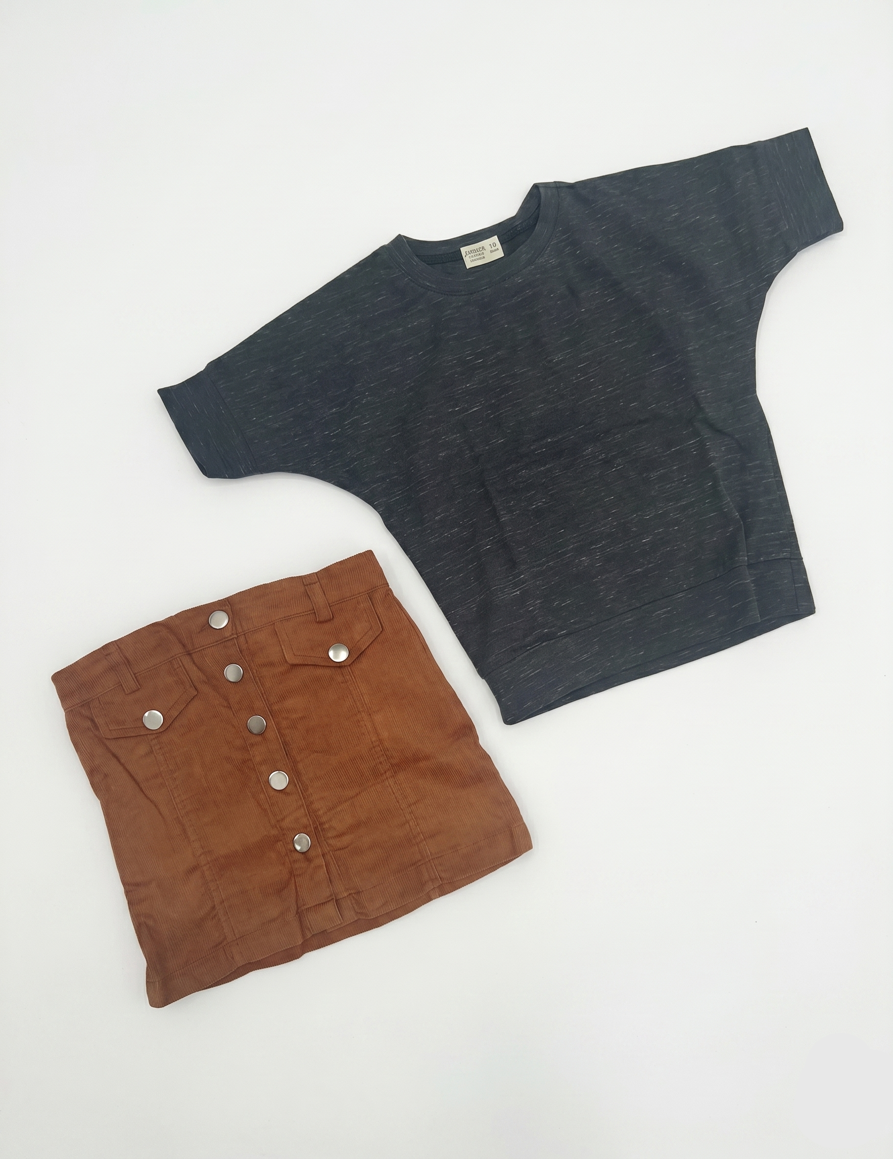Charcoal Slub Tee & Corduroy Button-Front Skirt