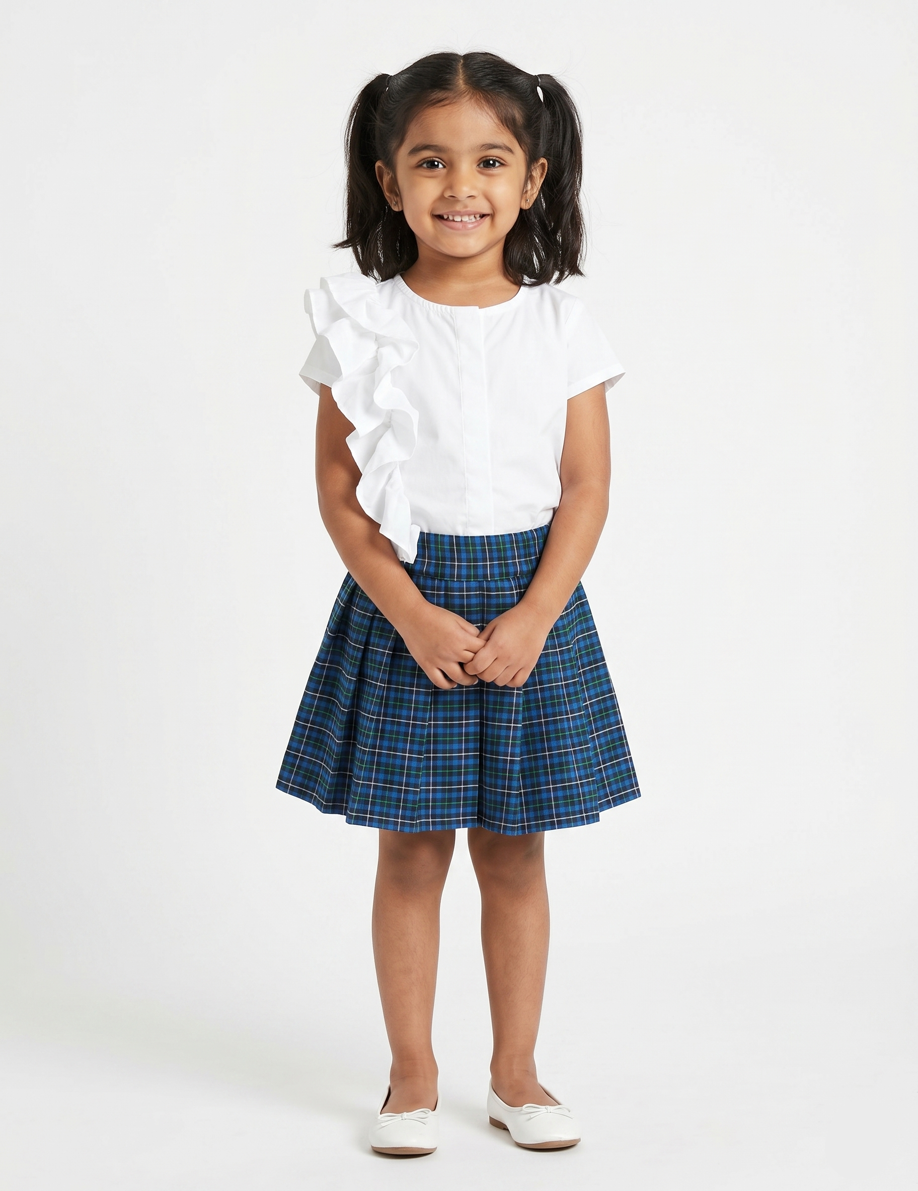 Girls White Ruffled Short-Sleeve Top and Blue Plaid Pleated Skirt Set