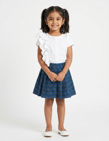Girls White Ruffled Short-Sleeve Top and Blue Plaid Pleated Skirt Set