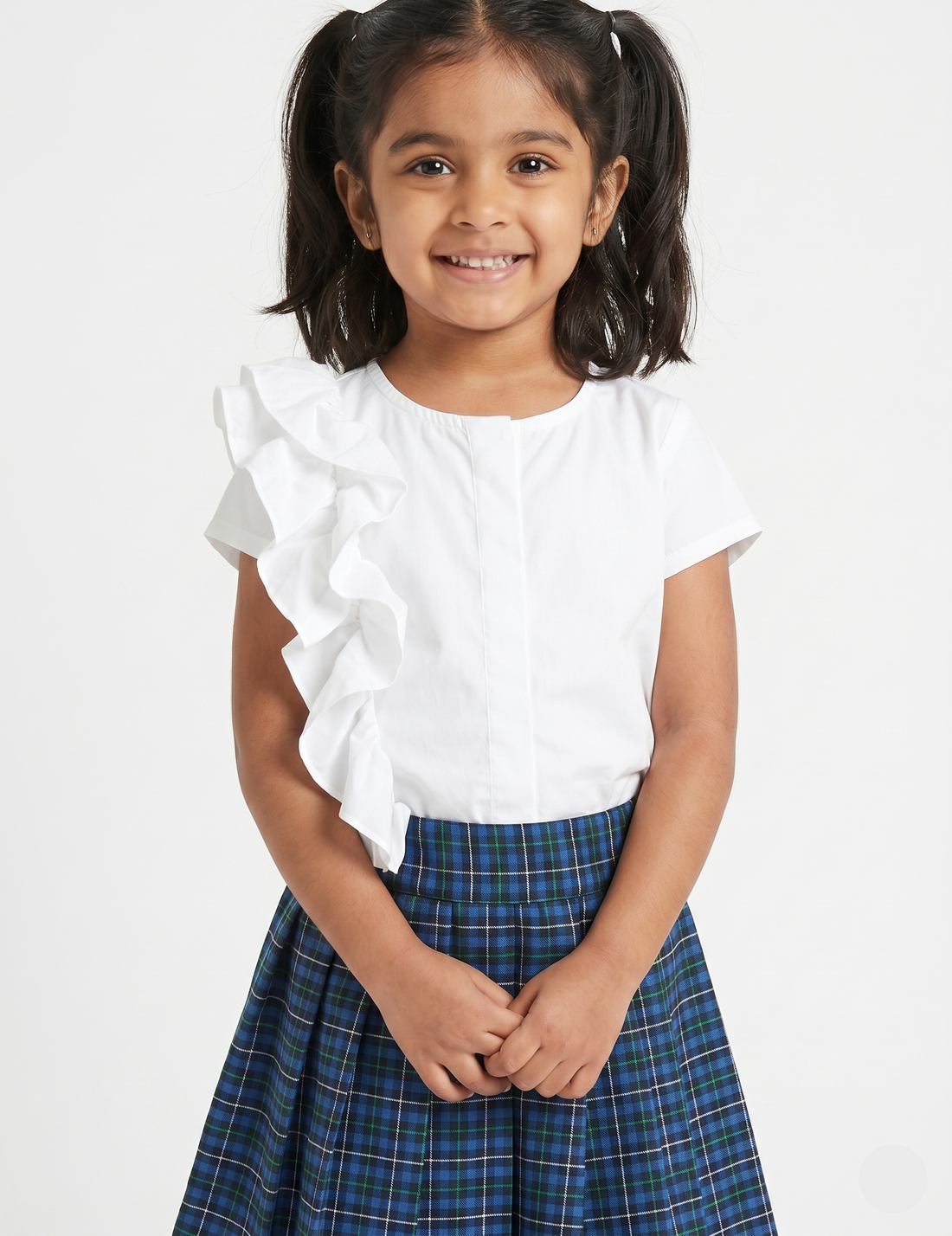 Girls White Ruffled Short-Sleeve Top and Blue Plaid Pleated Skirt Set