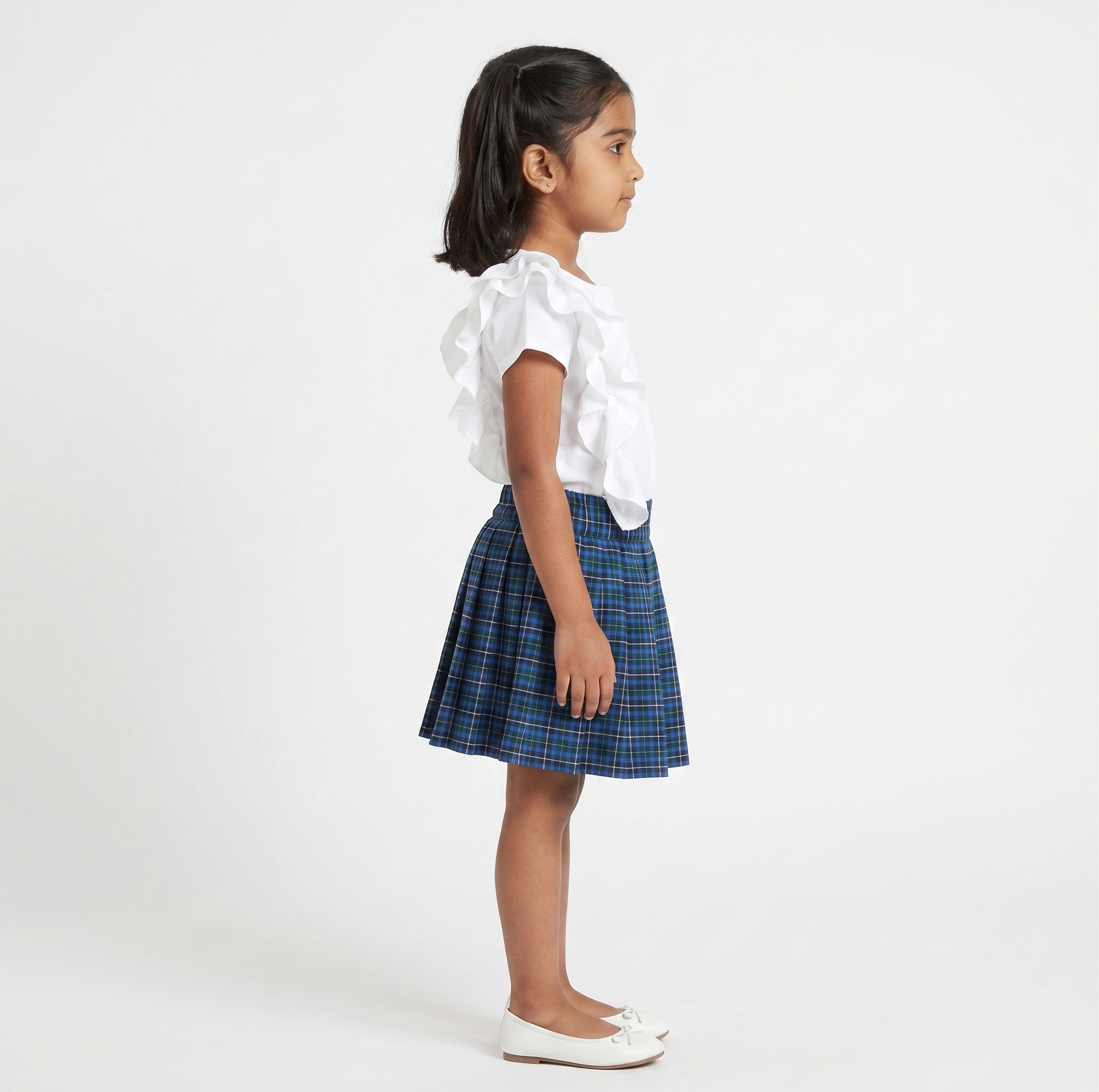 Girls White Ruffled Short-Sleeve Top and Blue Plaid Pleated Skirt Set